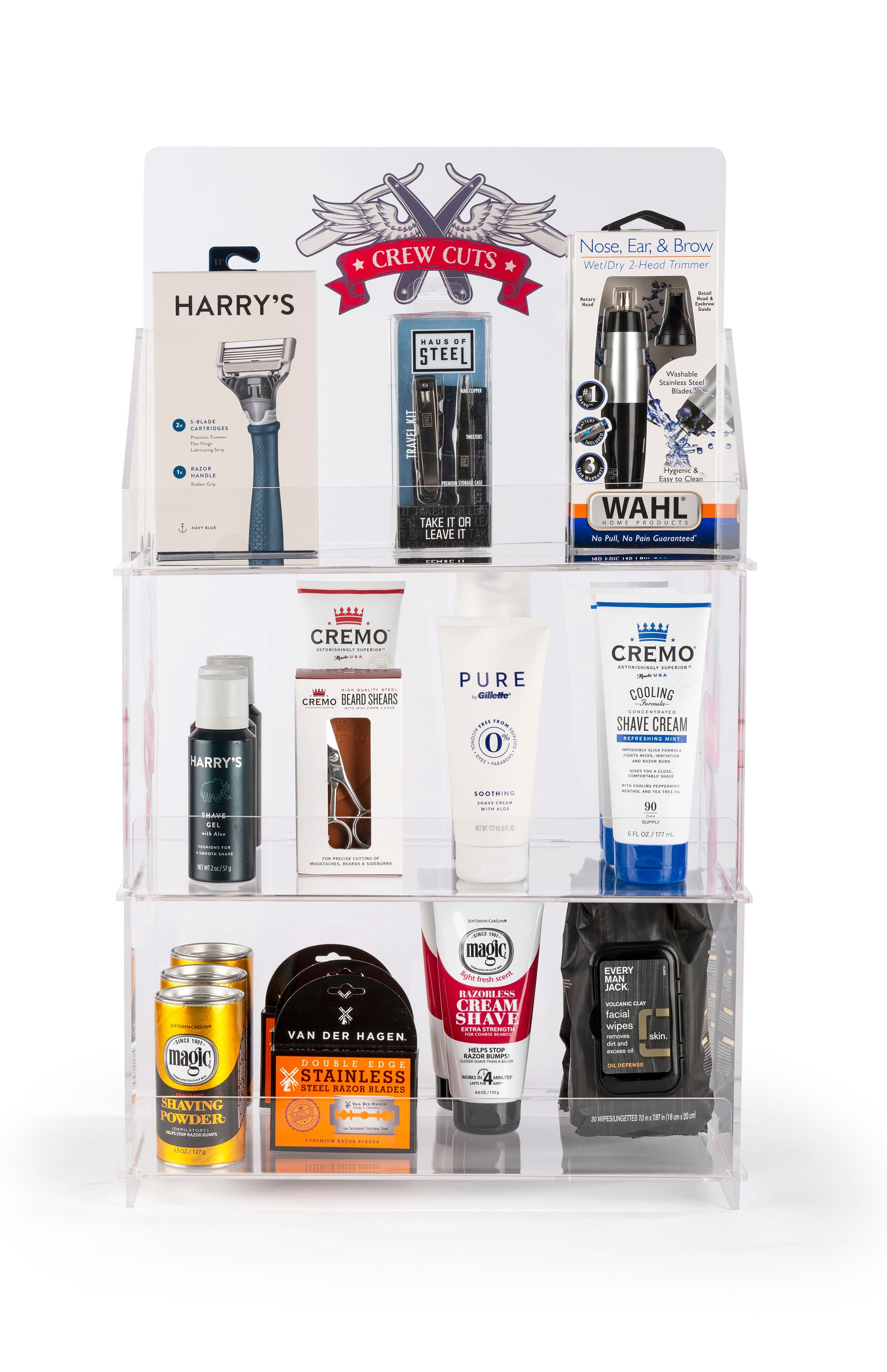 Branded acrylic portable tiered retail shelves feature custom printing