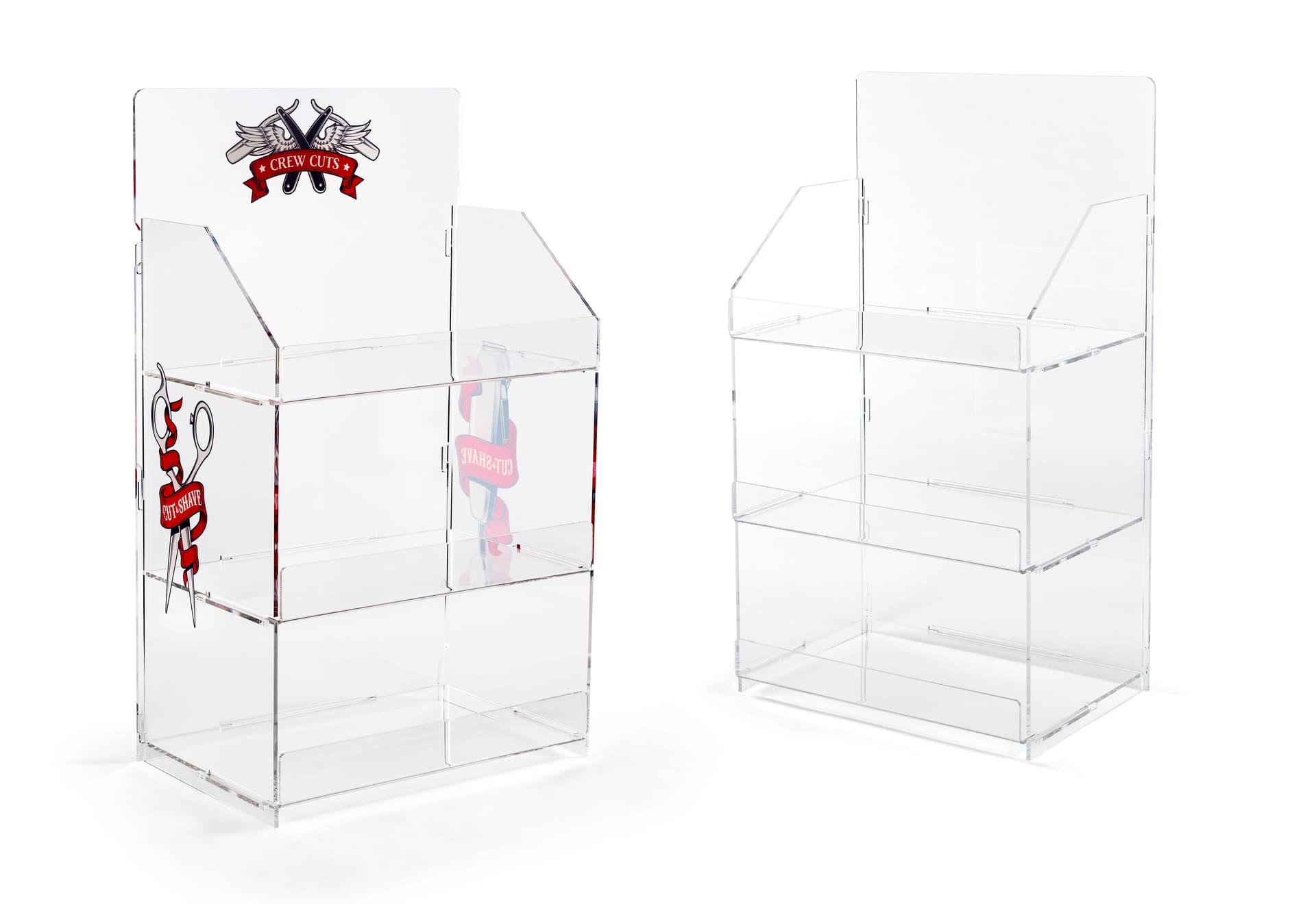branded acrylic portable tiered retail shelves featues printed or non-printed