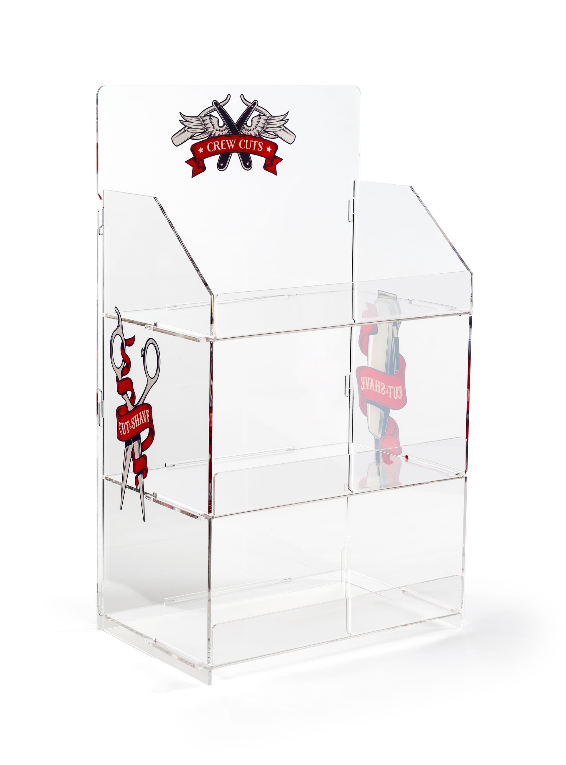 Branded acrylic portable tiered retail shelves features personalized printing