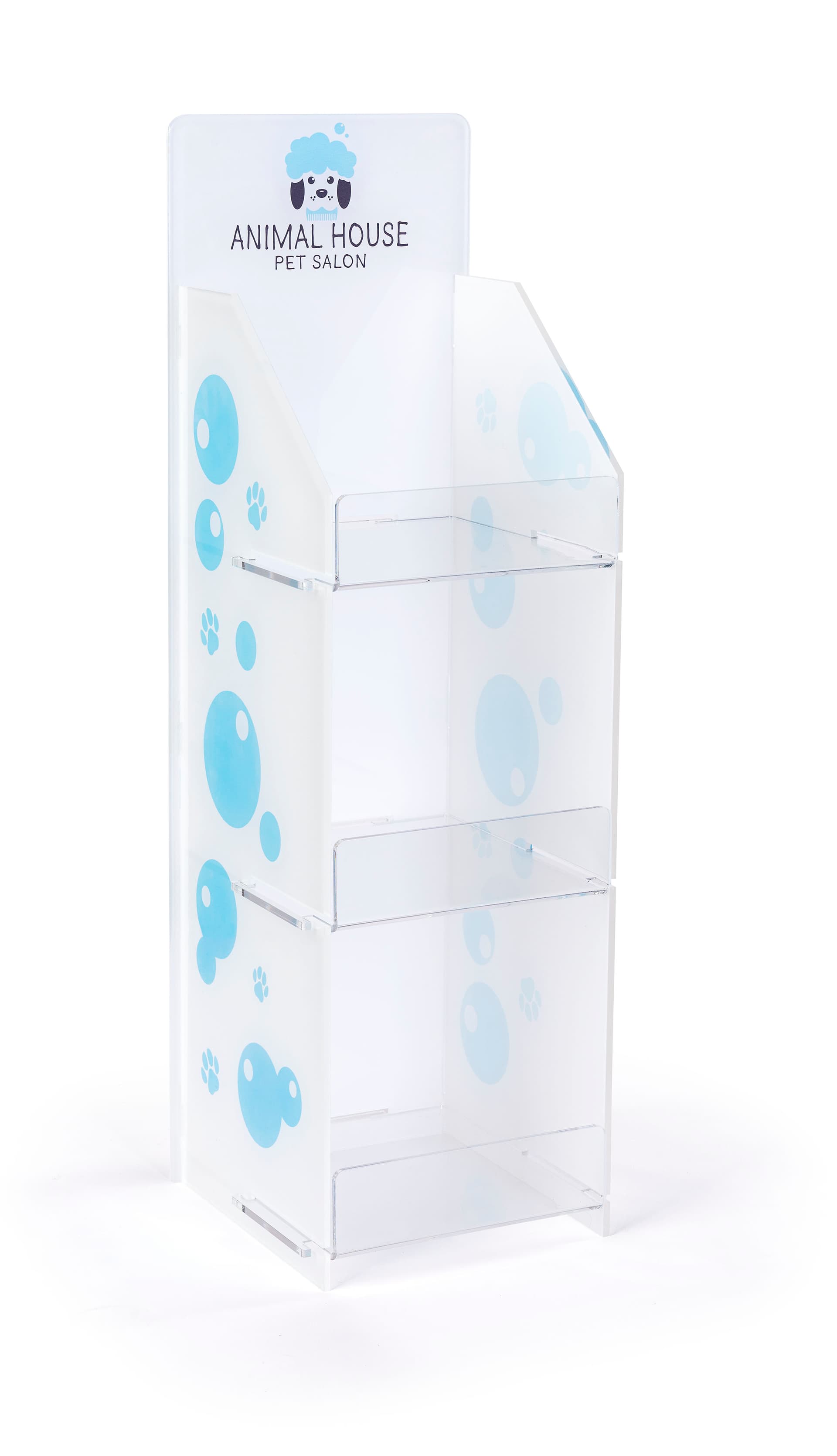 Printed countertop acrylic 3 tier shelf rack with custom graphics
