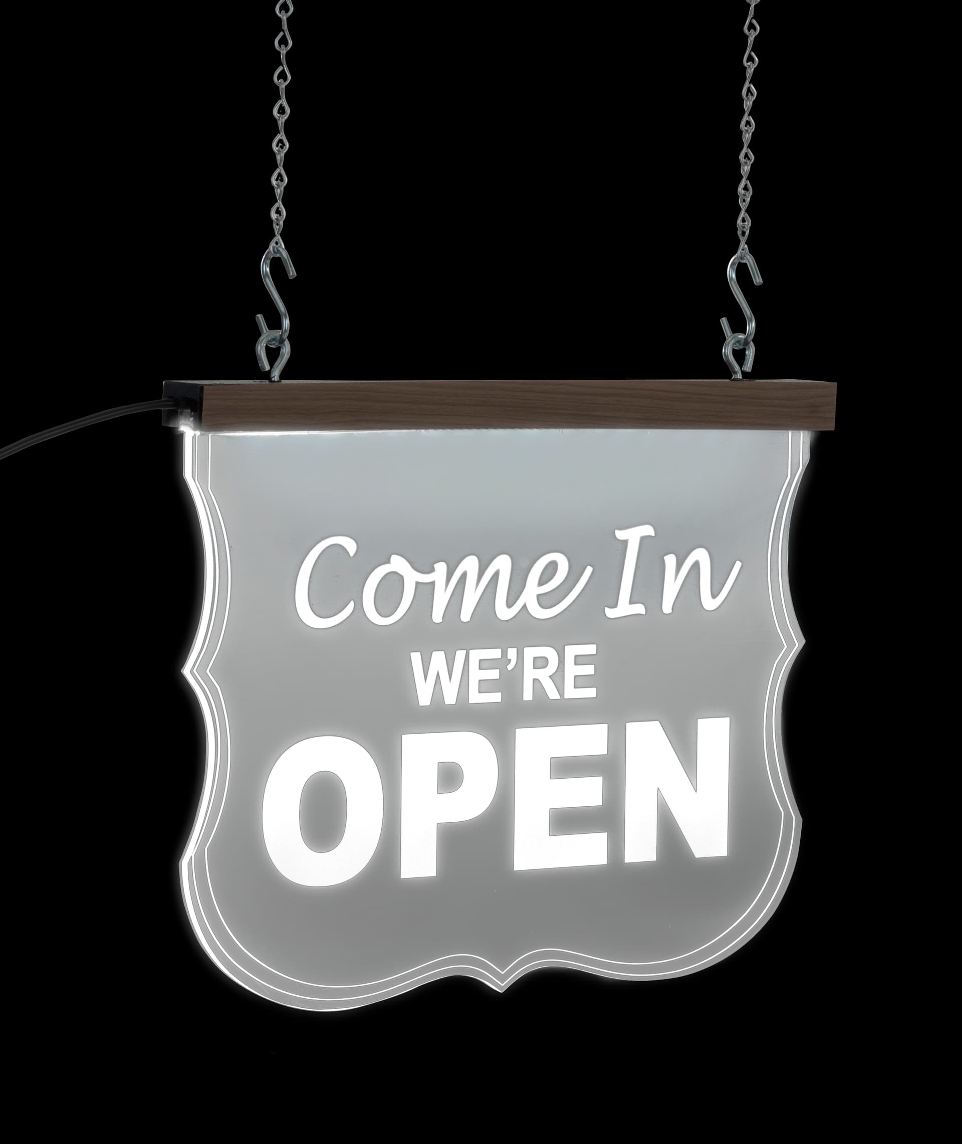 Edge lit open signage with 16 inch wide by 11 inch tall measurements 