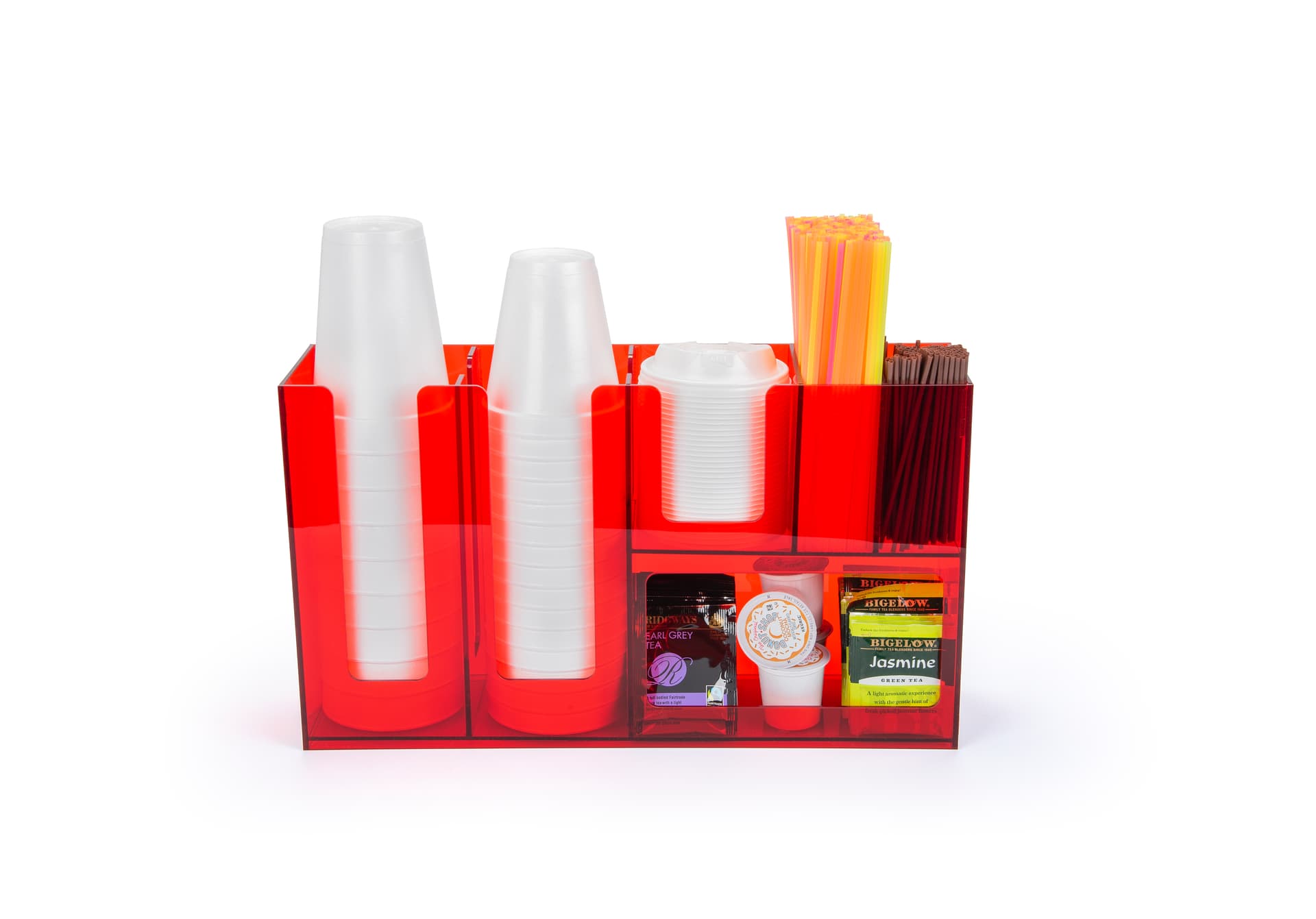 Coffee bar condiment organizer with straw and stirrer pockets