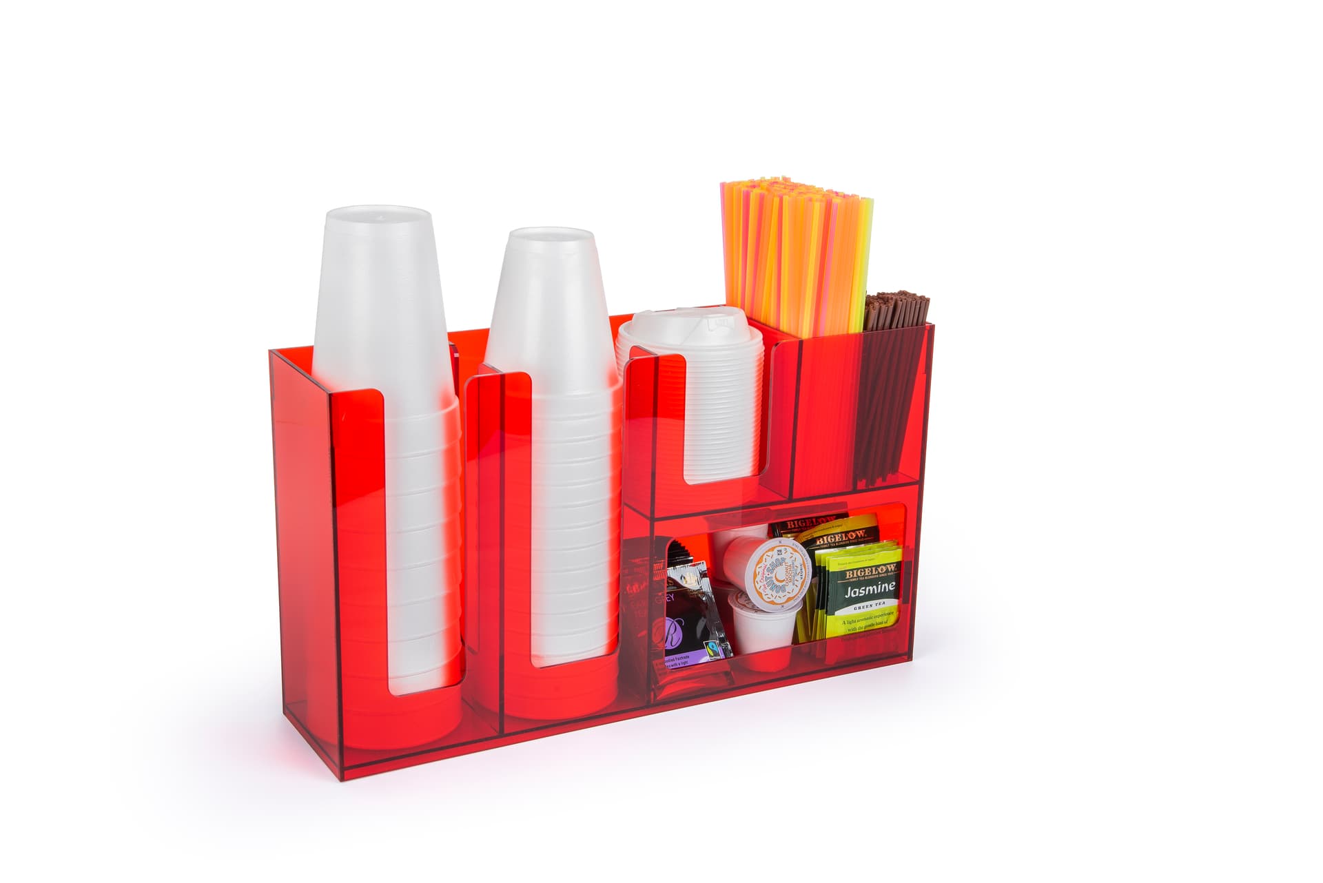 Coffee bar condiment organizer with cup slots