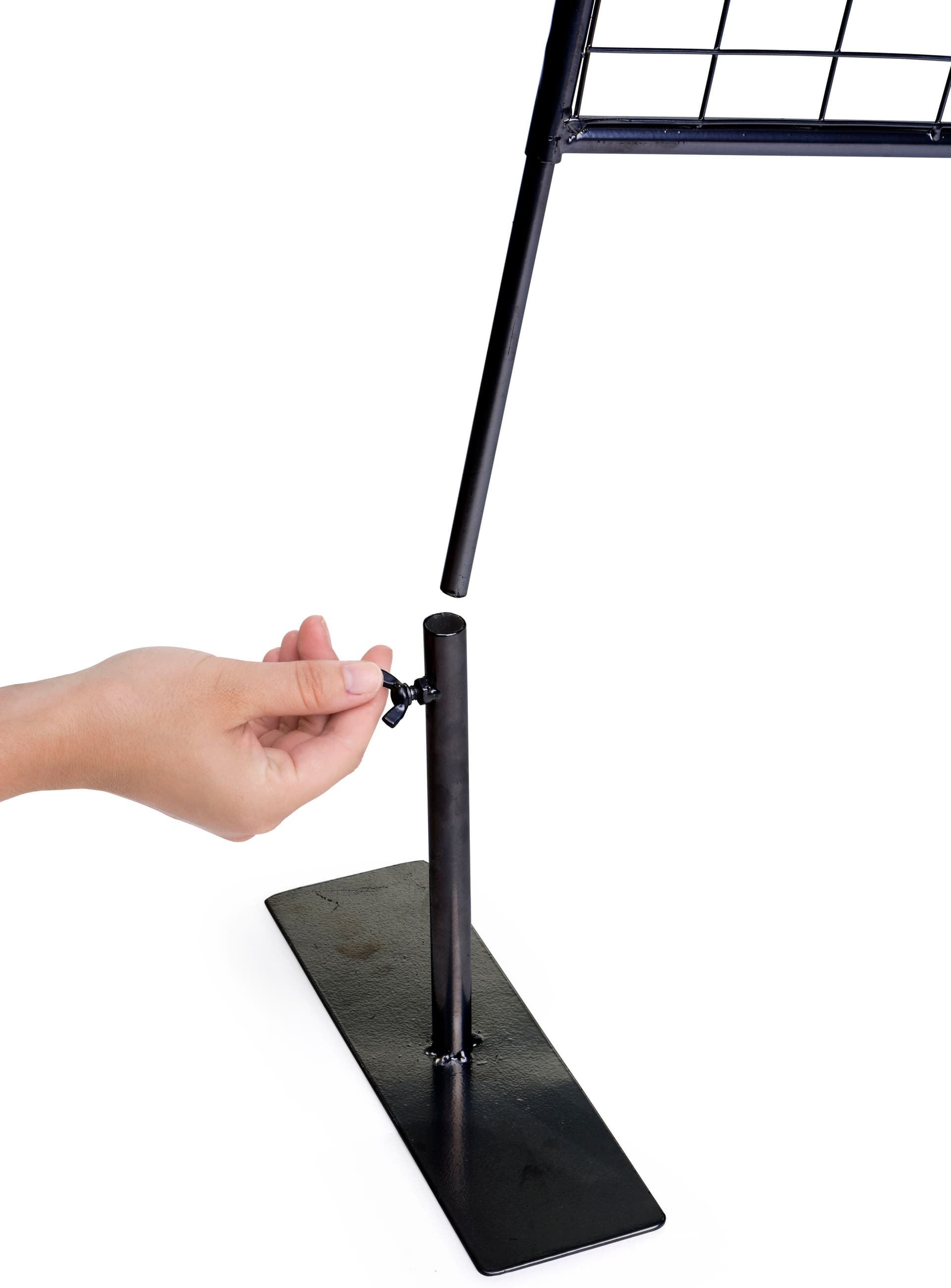 Floor standing art display grid panels with 3 legged base