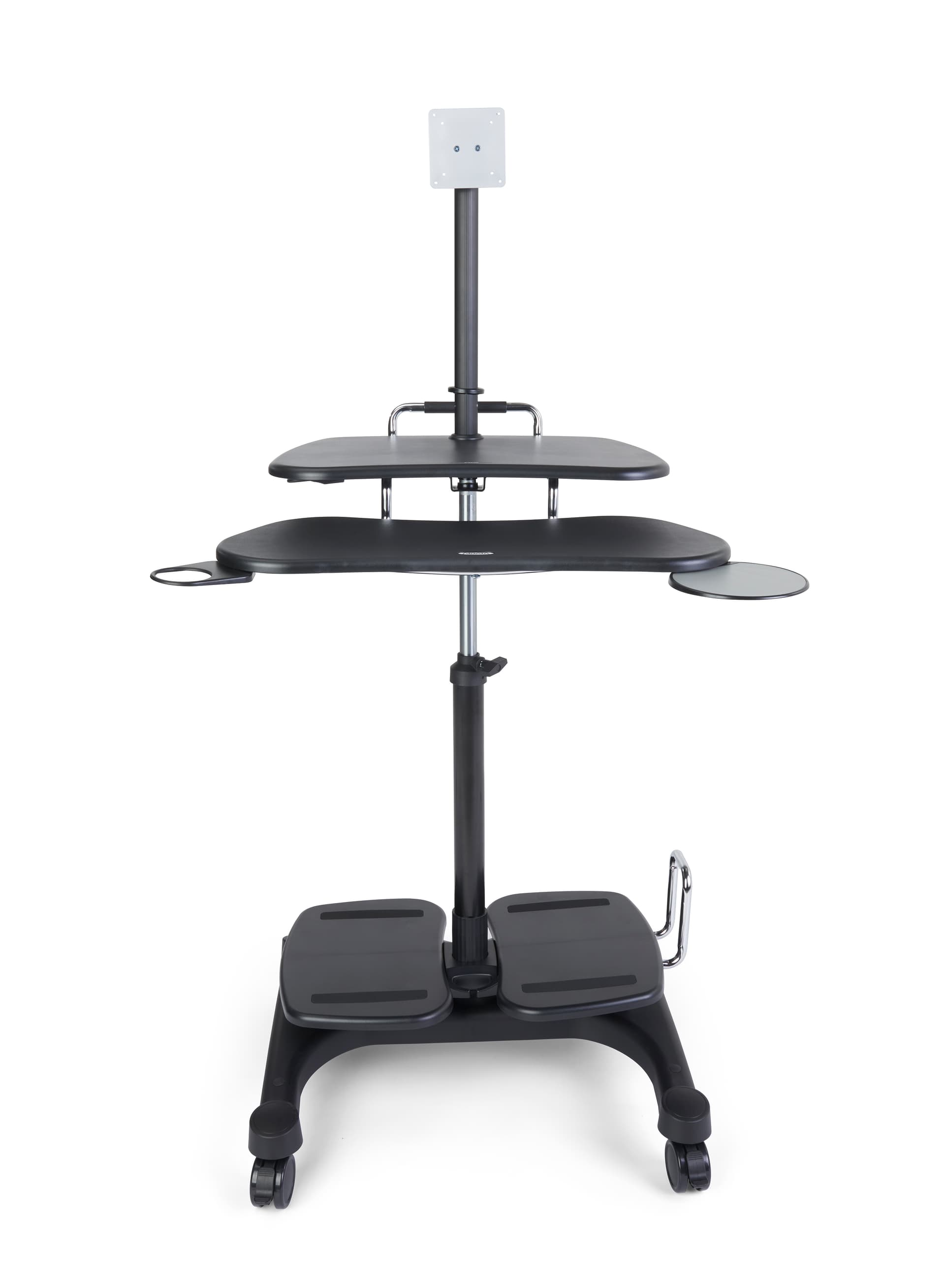 Mobile workstation desk with a built-in cup holder and mouse pad