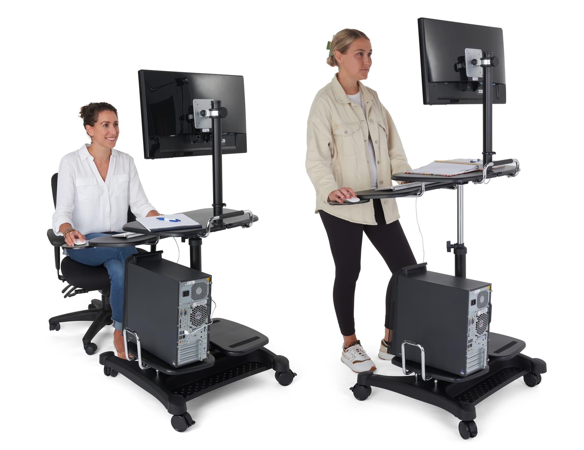 Mobile workstation desk with sit stand design
