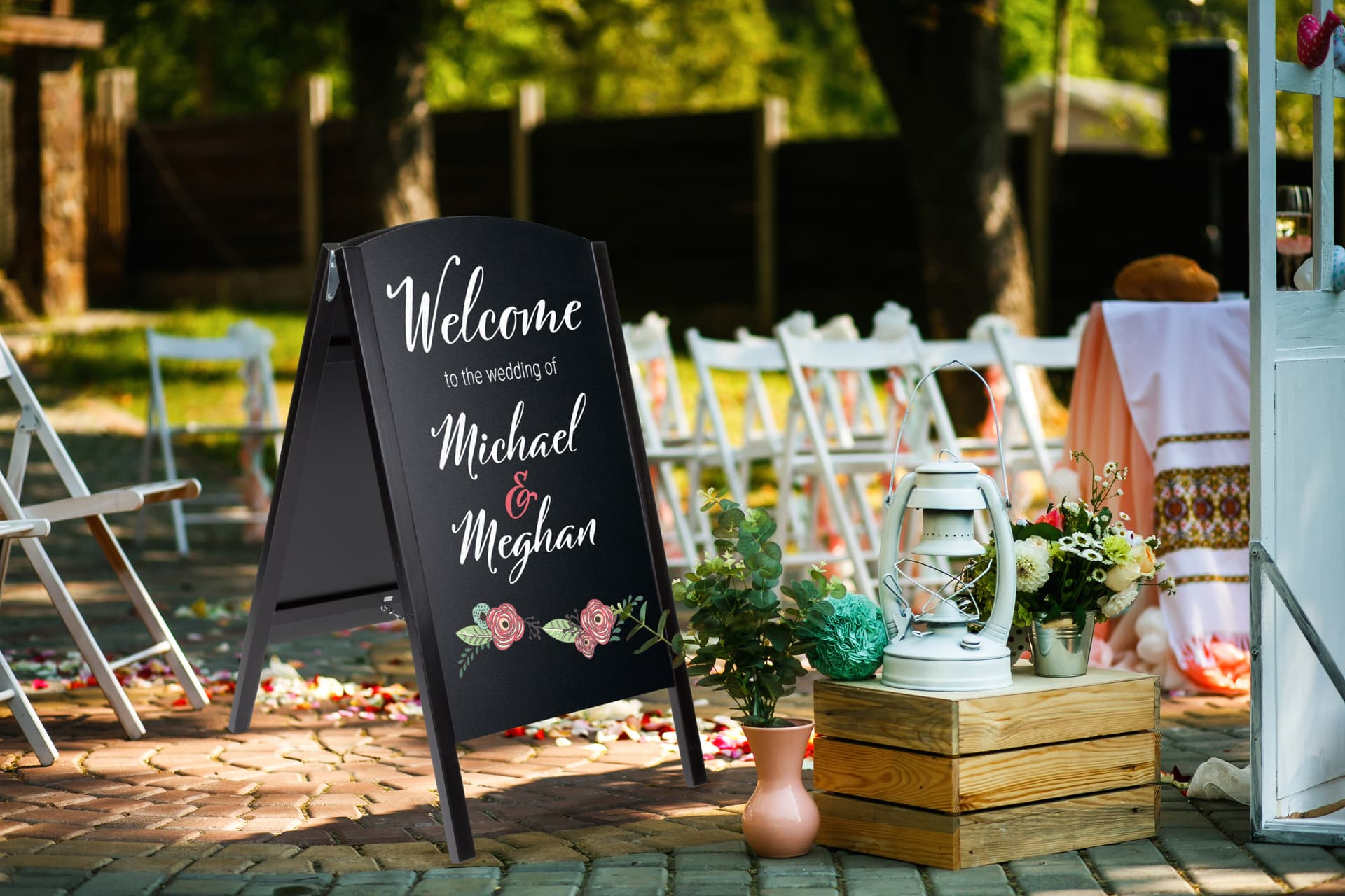 Black custom chalkboard sign with digital printing for weddings