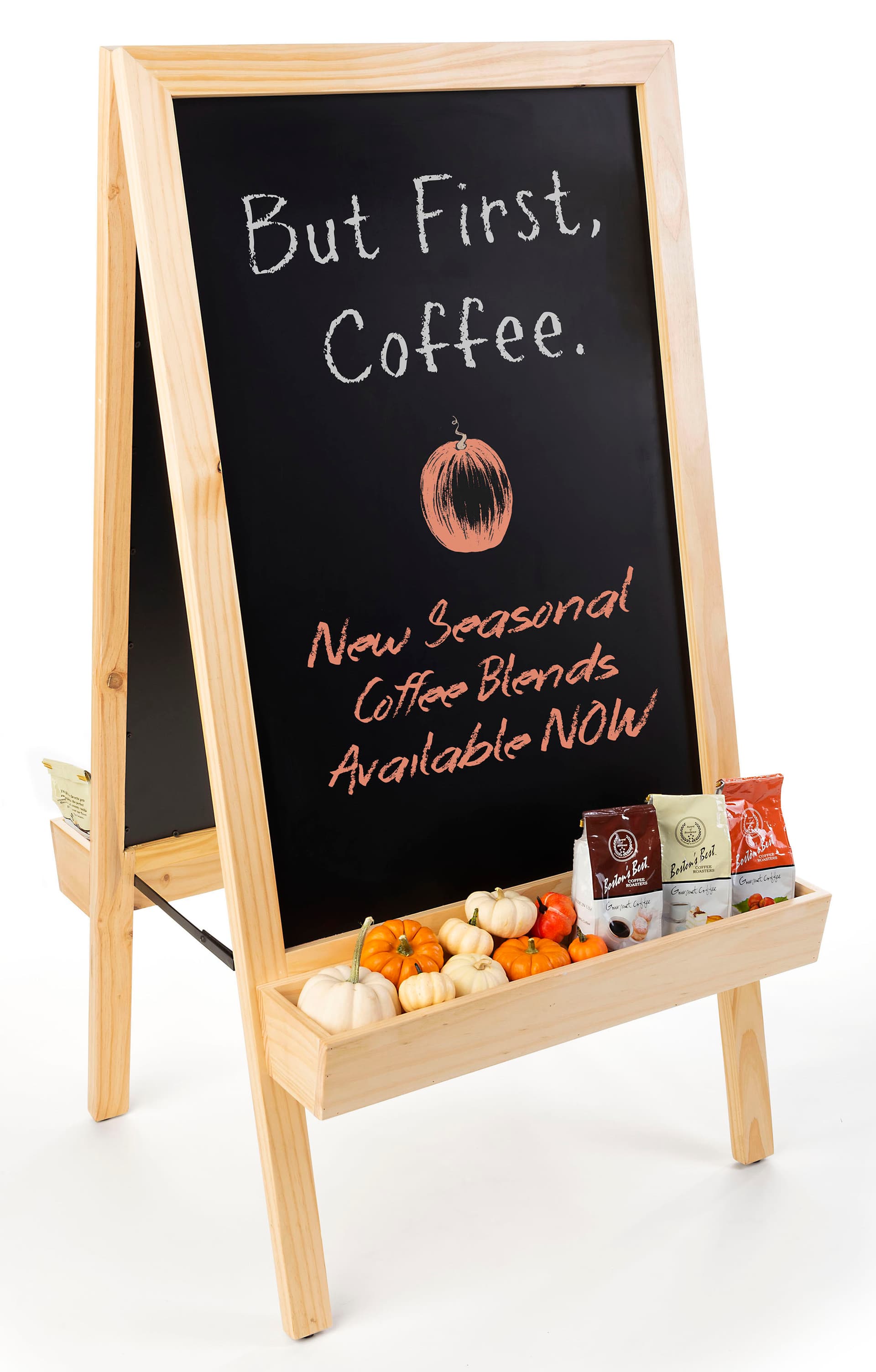 Chalkboard sidewalk sign with planter bottom is constructed of durable wood and metal