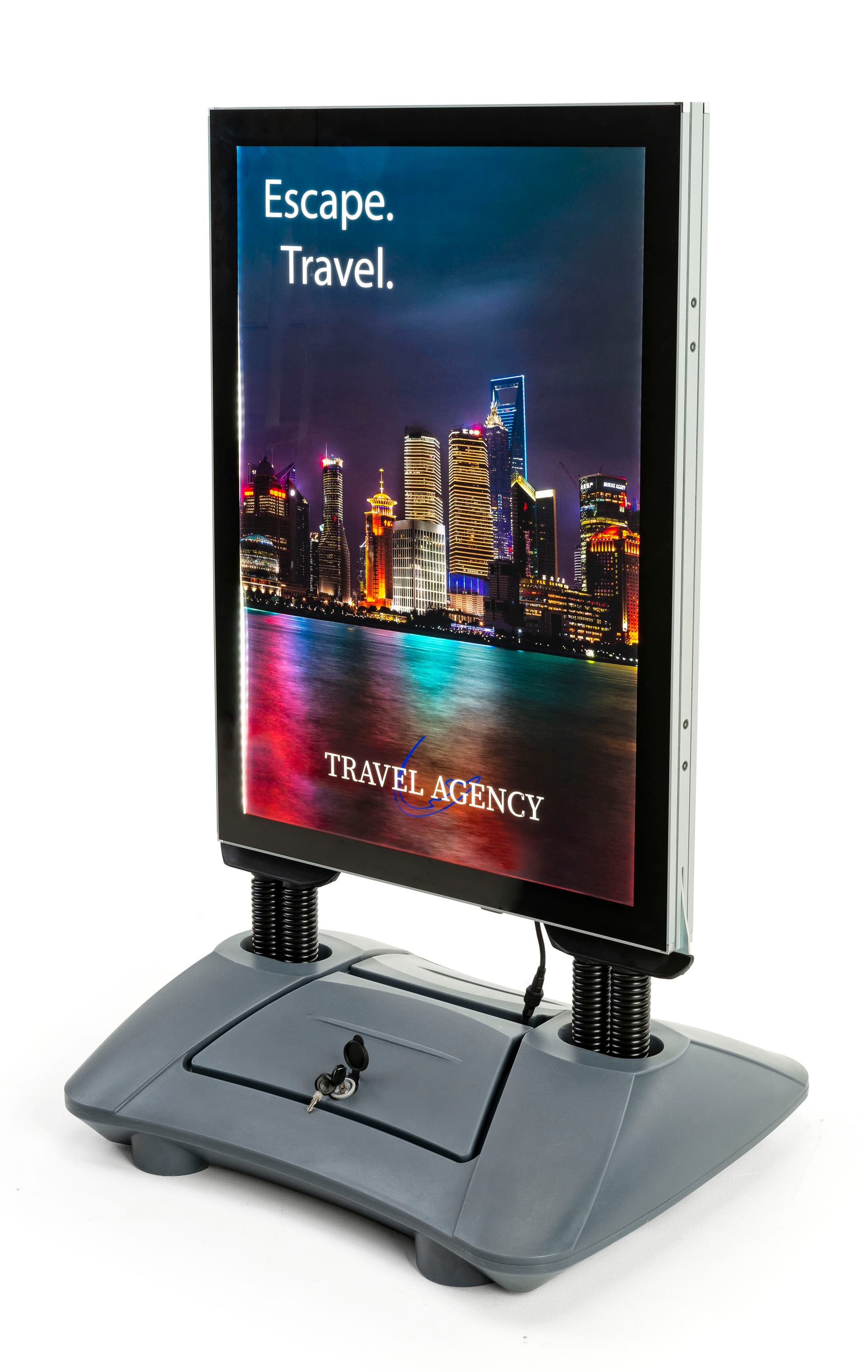 LED illuminated sidewalk sign with lock compartment at base 