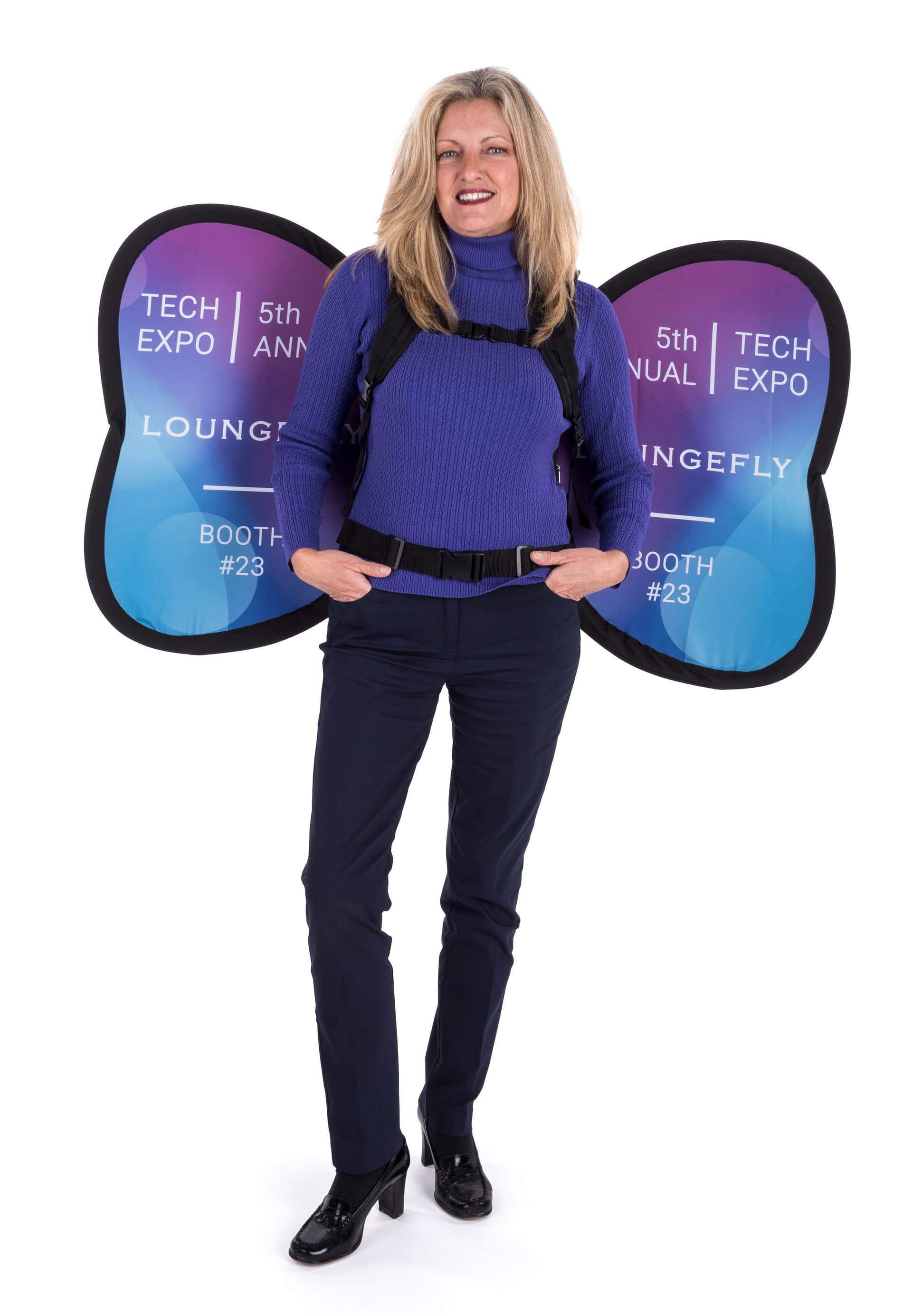 Double-sided wing-shaped backpack banner advertising