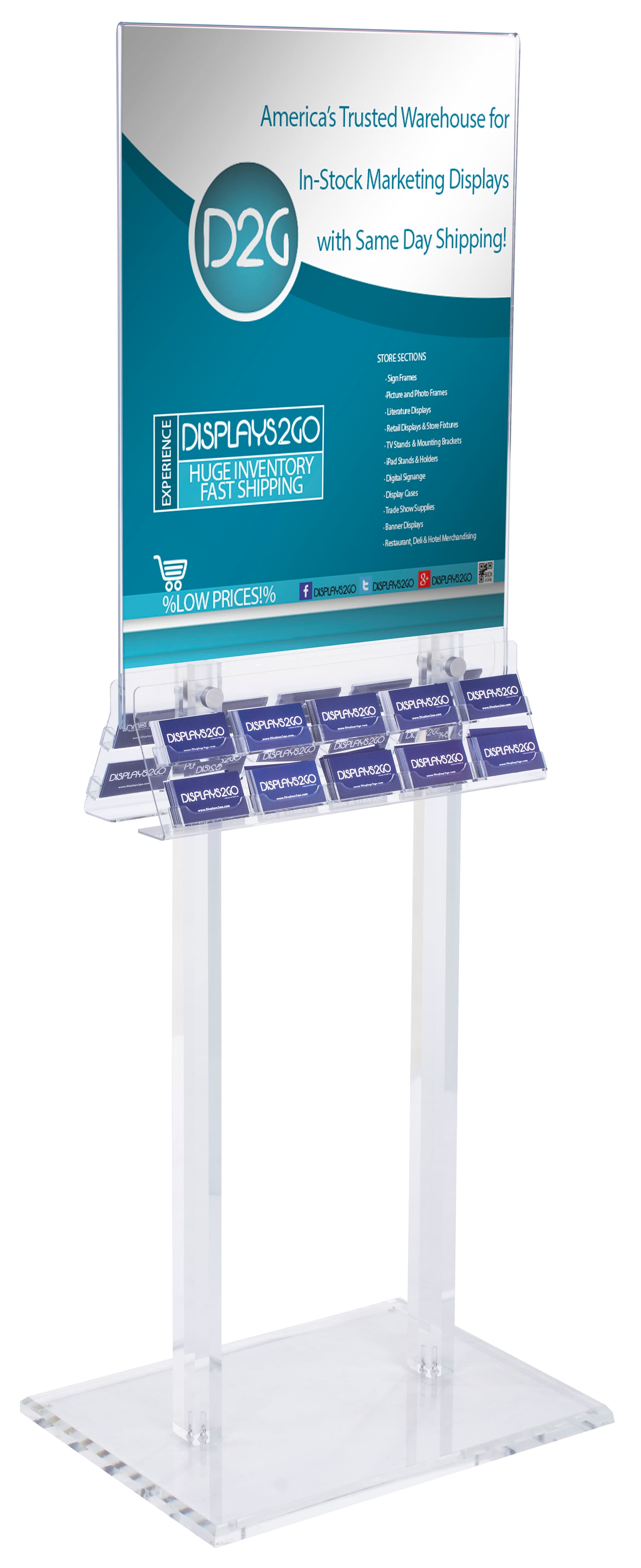 Clear Acrylic Poster Stand with Business Card Holders with Silver Hardware
