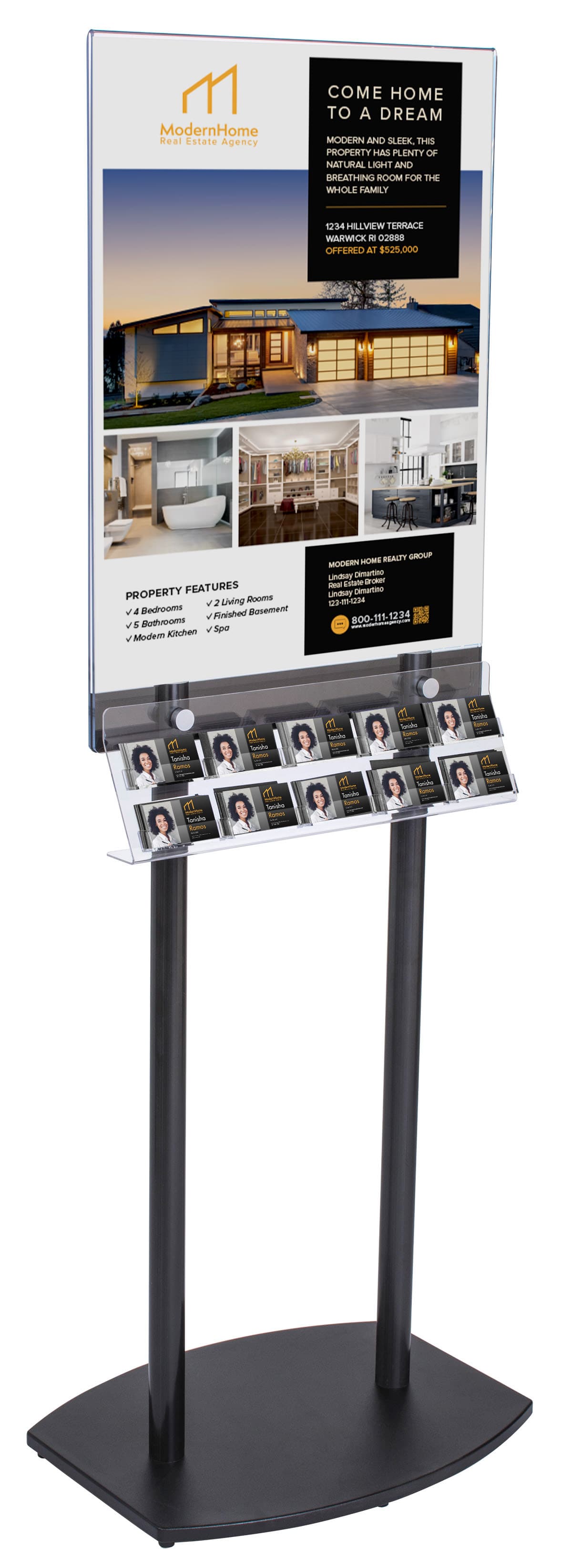 Floor Standing Black Poster Stand with Business Card Rack