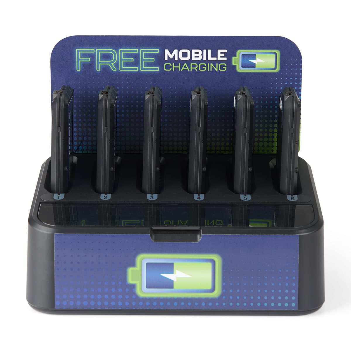 Portable battery dock charging station with custom-printed graphics on the base and top header