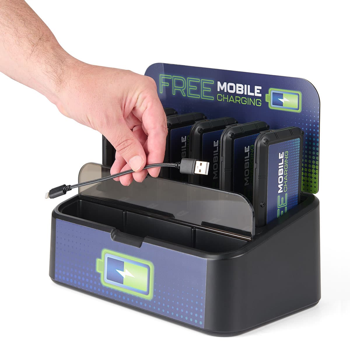 Portable battery dock charging station stores extra cables in the front bin