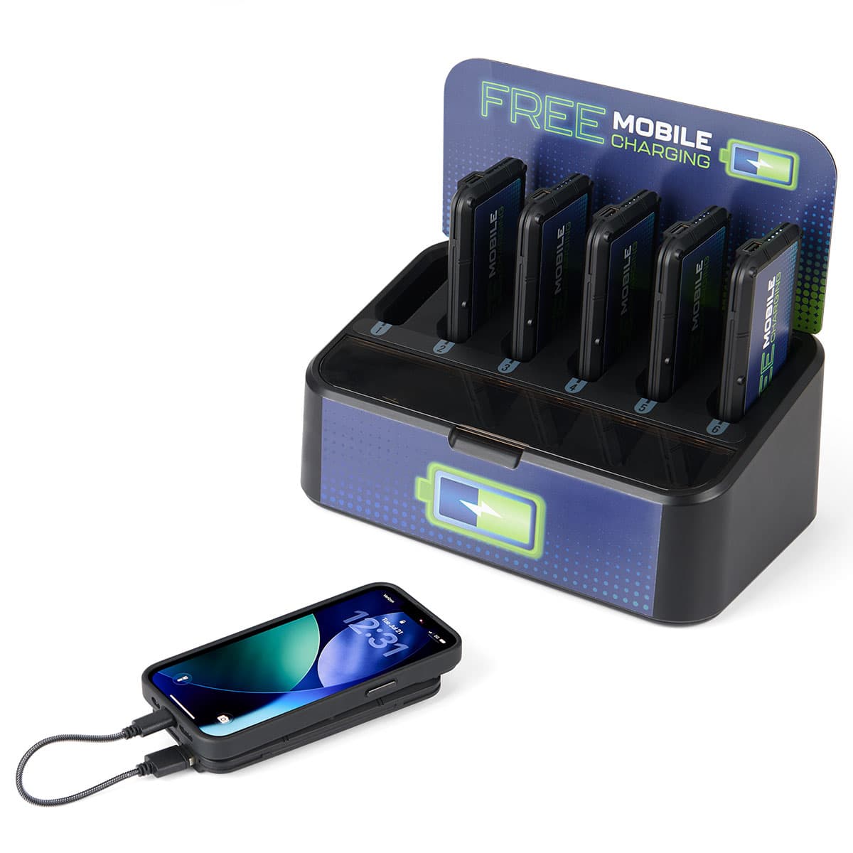 Portable battery dock charging station with phone connected to a power bank