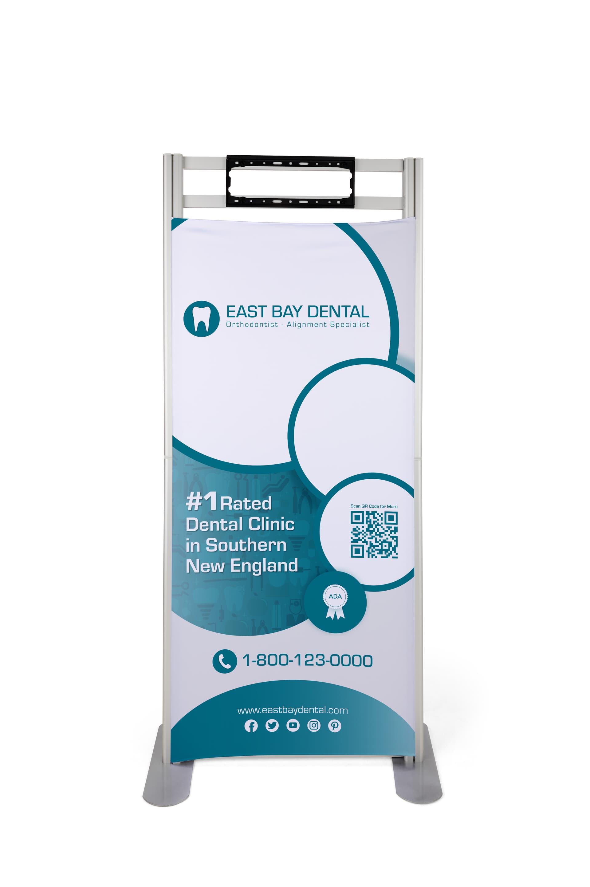 Poster TV stand with custom graphics in modern silver 