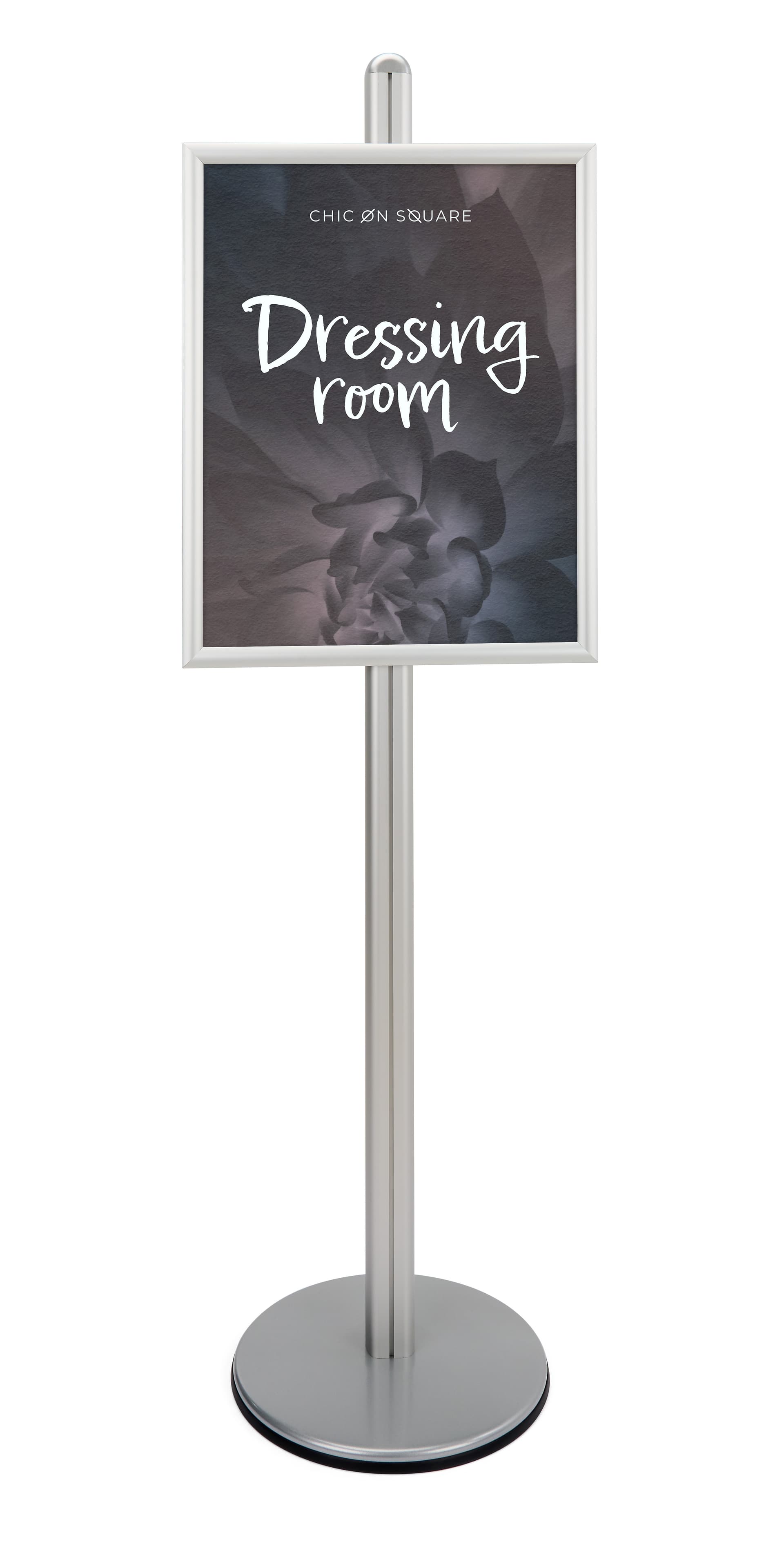 Forte snap frame display stand with silver post and base