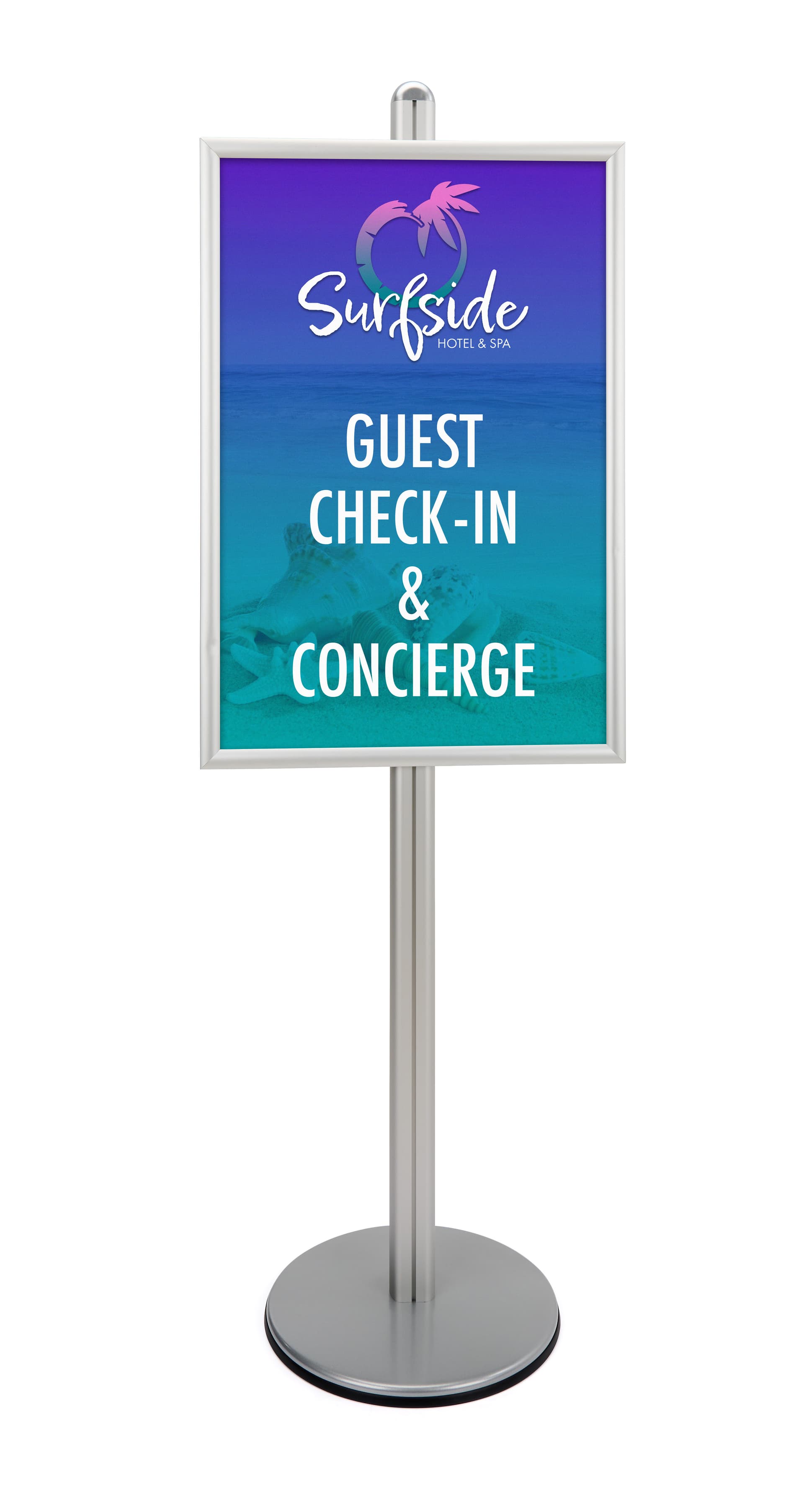 Sign stand with silver pole and base