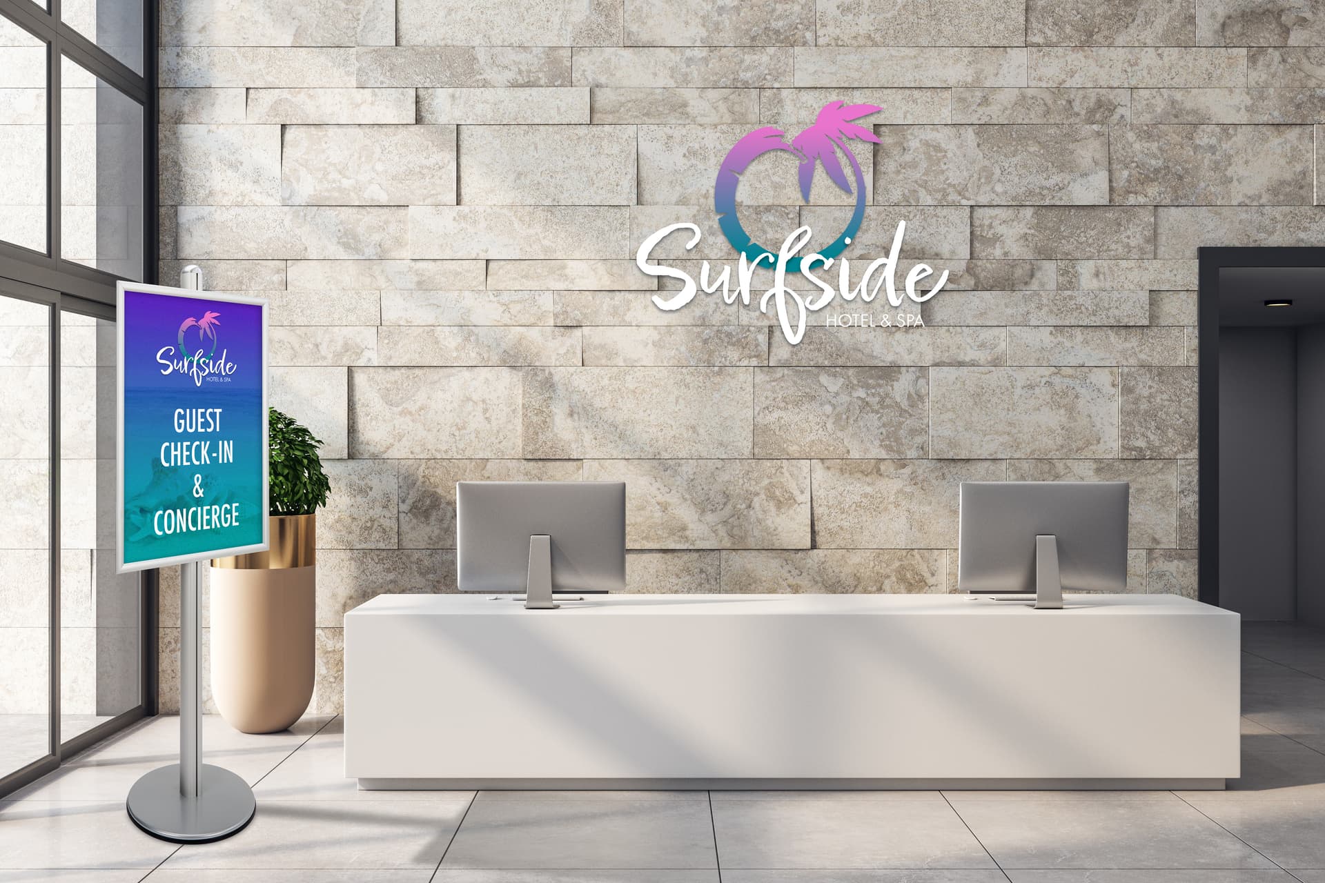 Sign stand in hotel lobby