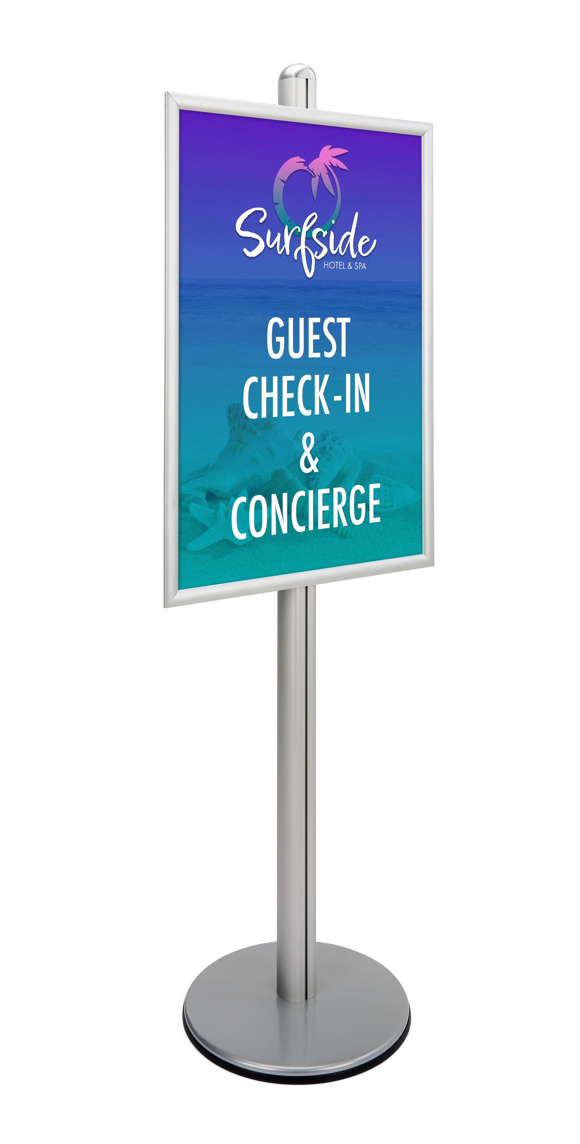 Sign stand with concierge guest check in displayed