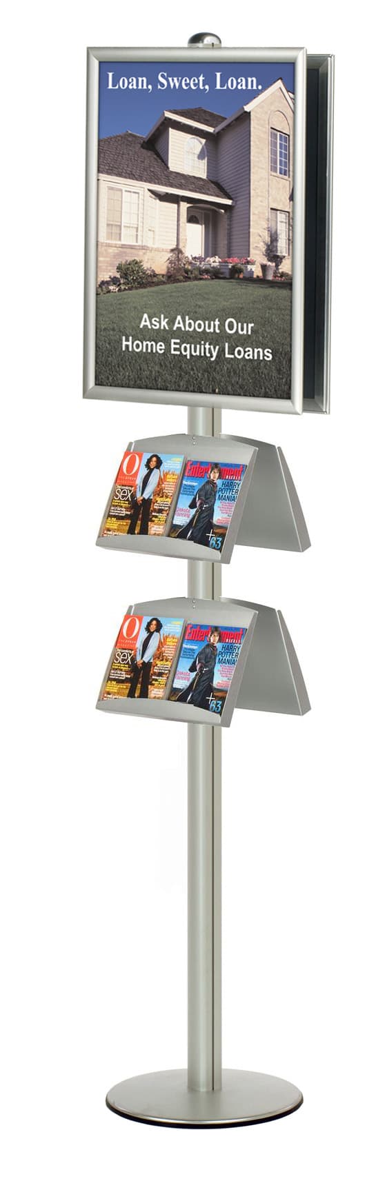 This banner pole, ad stand holds magazines below a large image ...