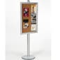 24 x 36 Enclosed Cork Board, Hinged, Cork Surface, 6 Feet Tall, Round Base - Silver