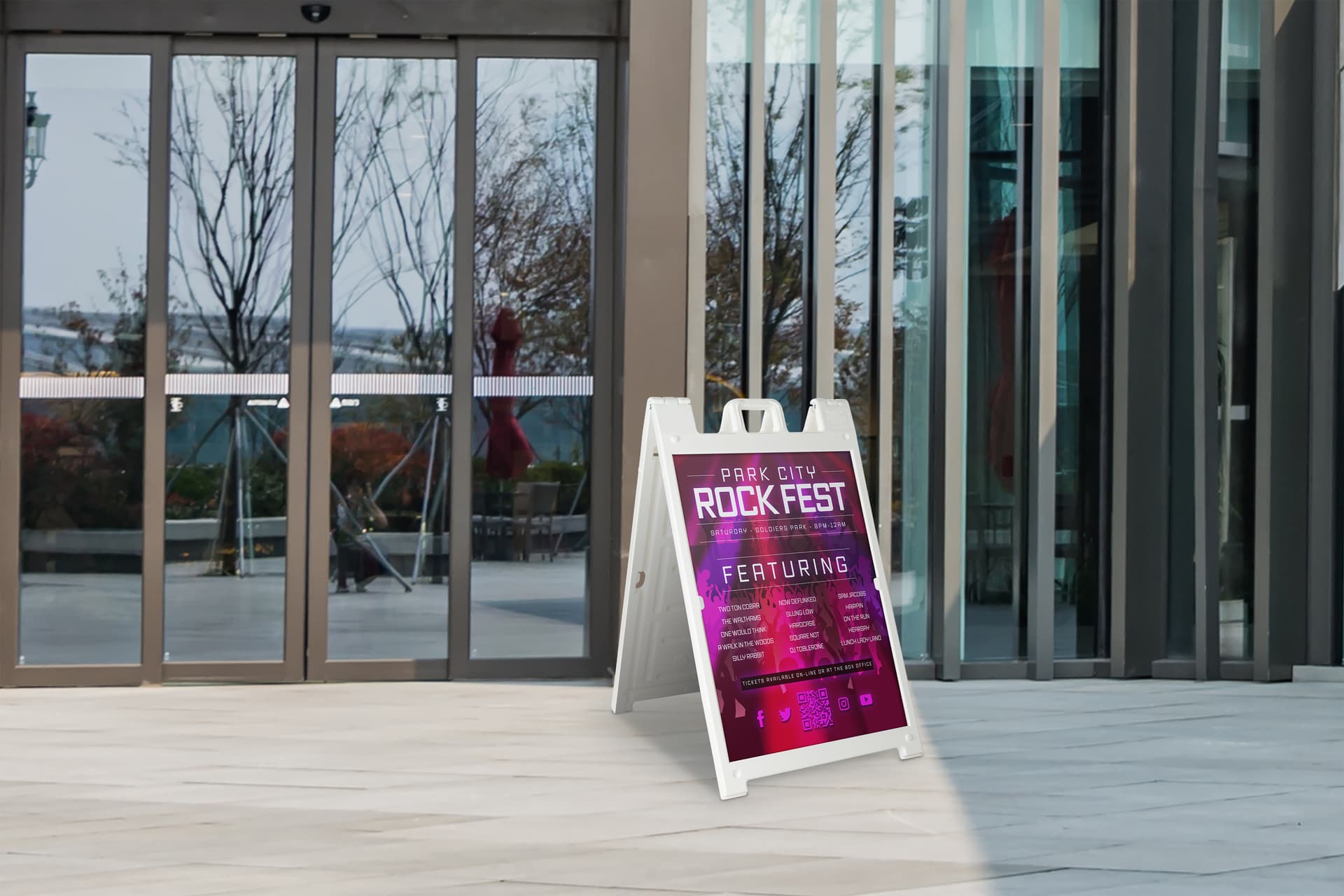 Outdoor signs for cafes, restaurants, concert venues, and parking lots