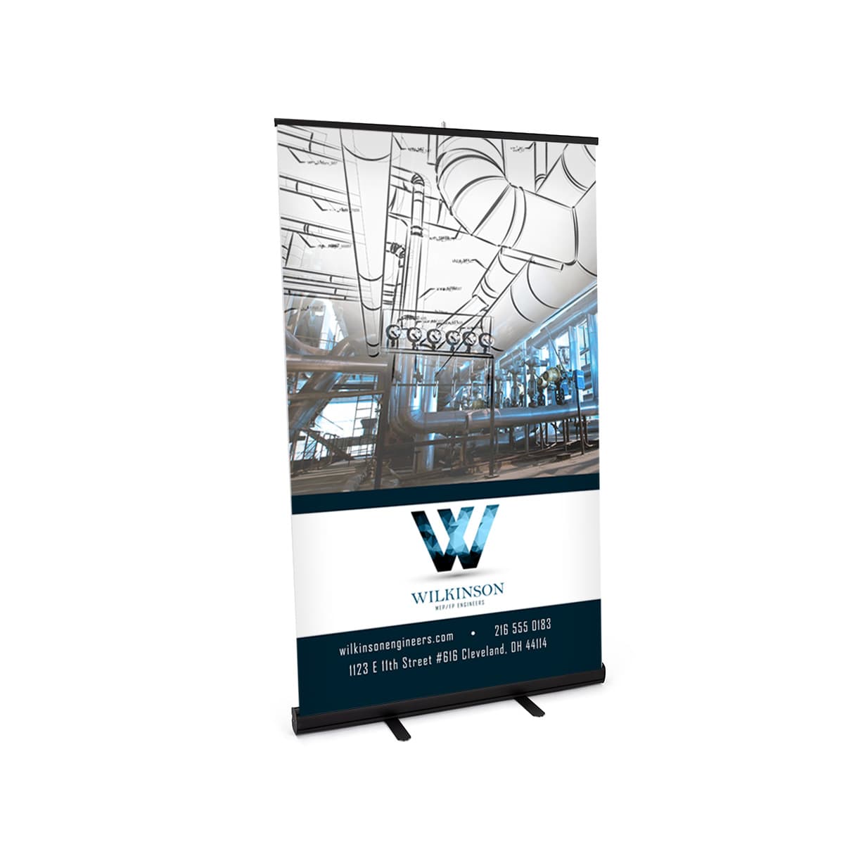 Budget narrow base retractable banner stand with black base