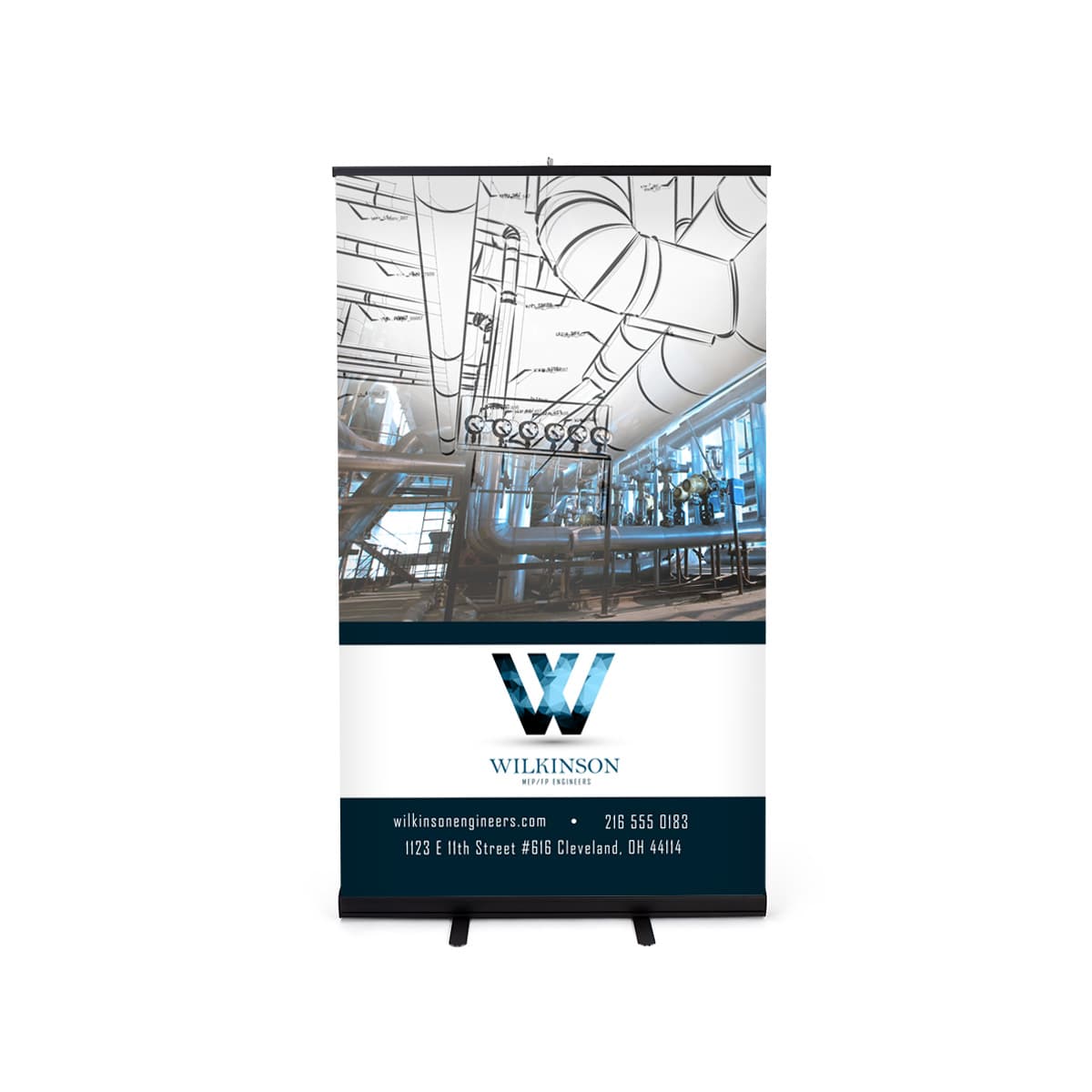 Budget narrow base retractable banner stand measures 47 inches wide 