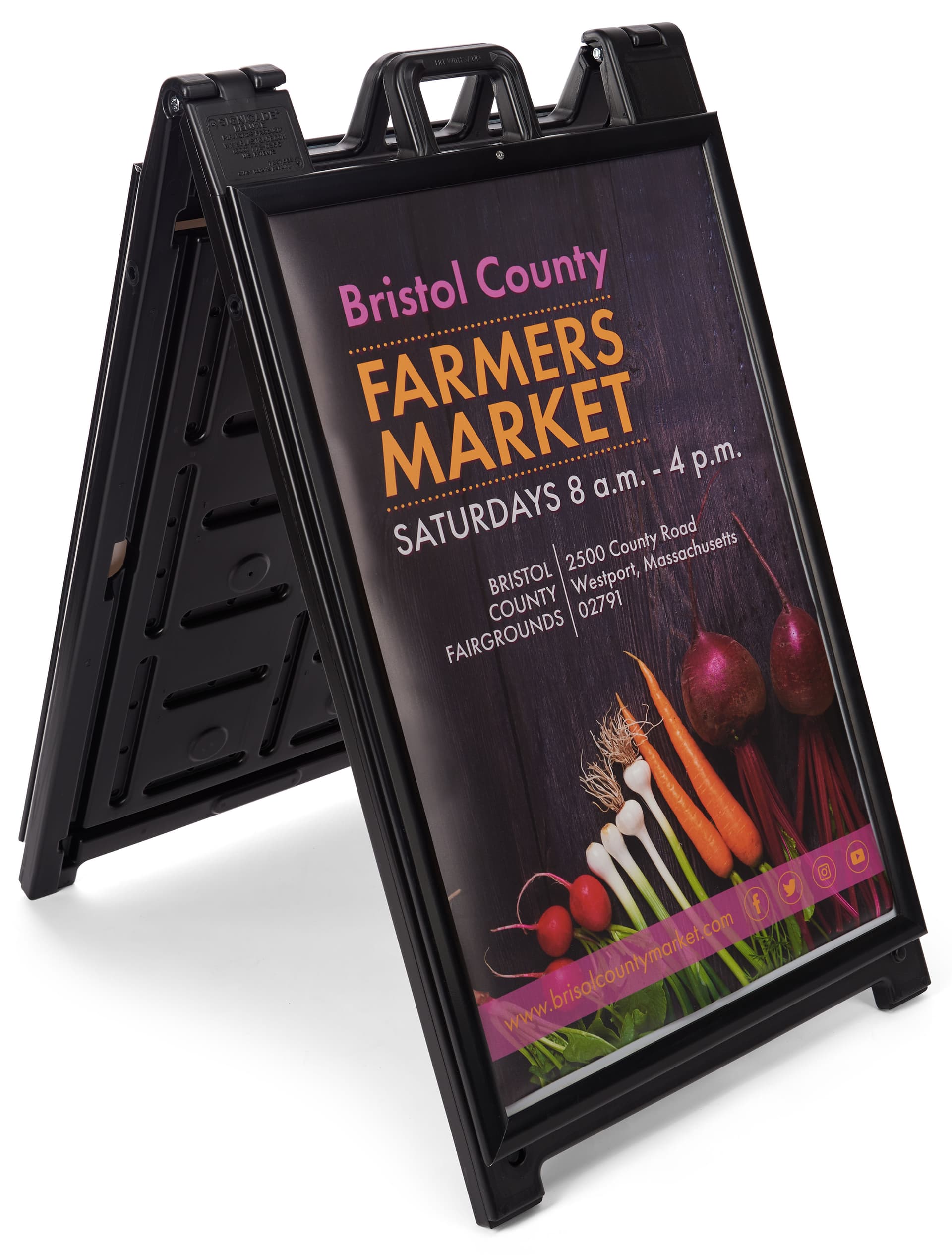 Black snap open a-frame sidewalk sign measures 27 inches wide by 46 inches tall 