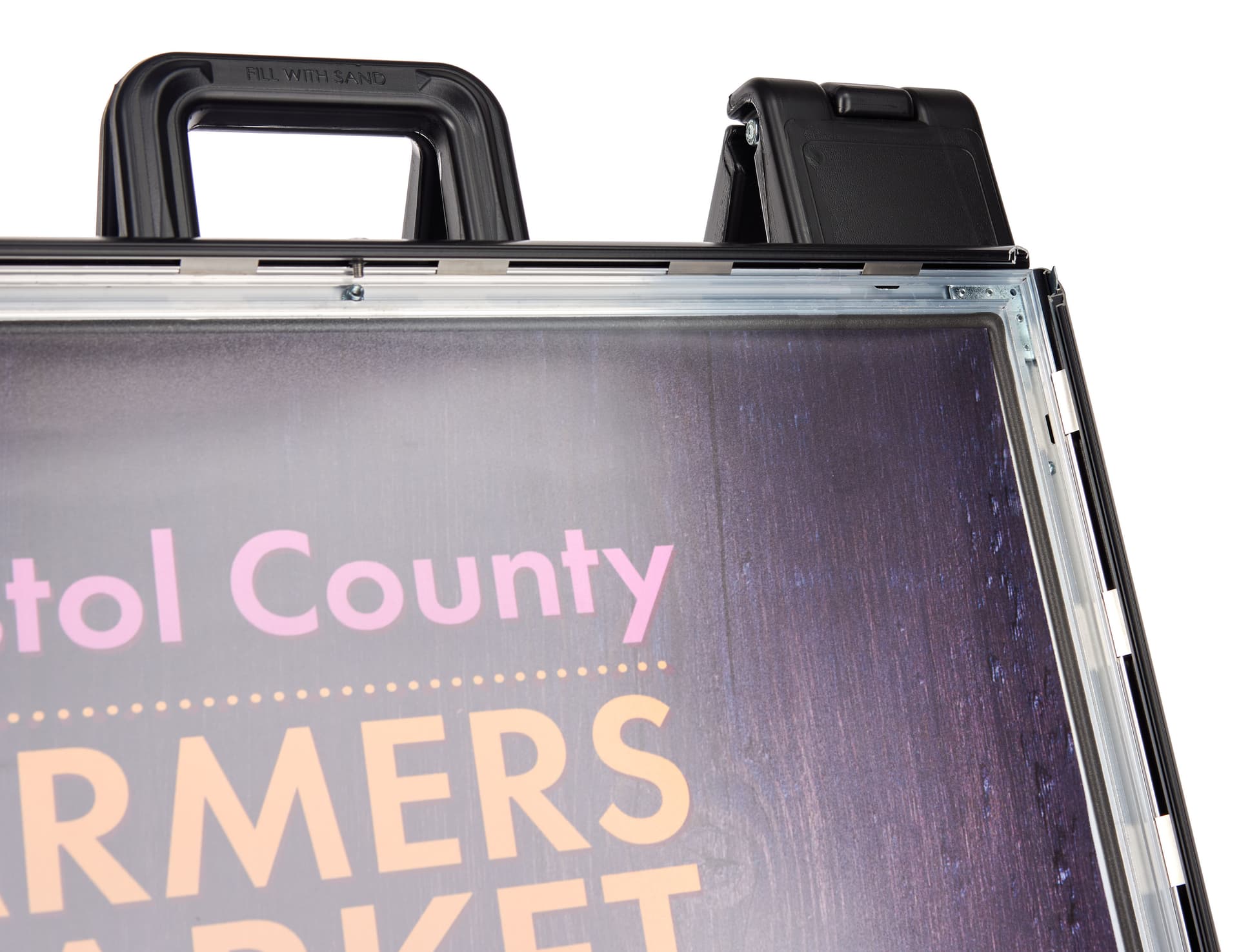Black snap open a-frame sidewalk sign with portrait orientation