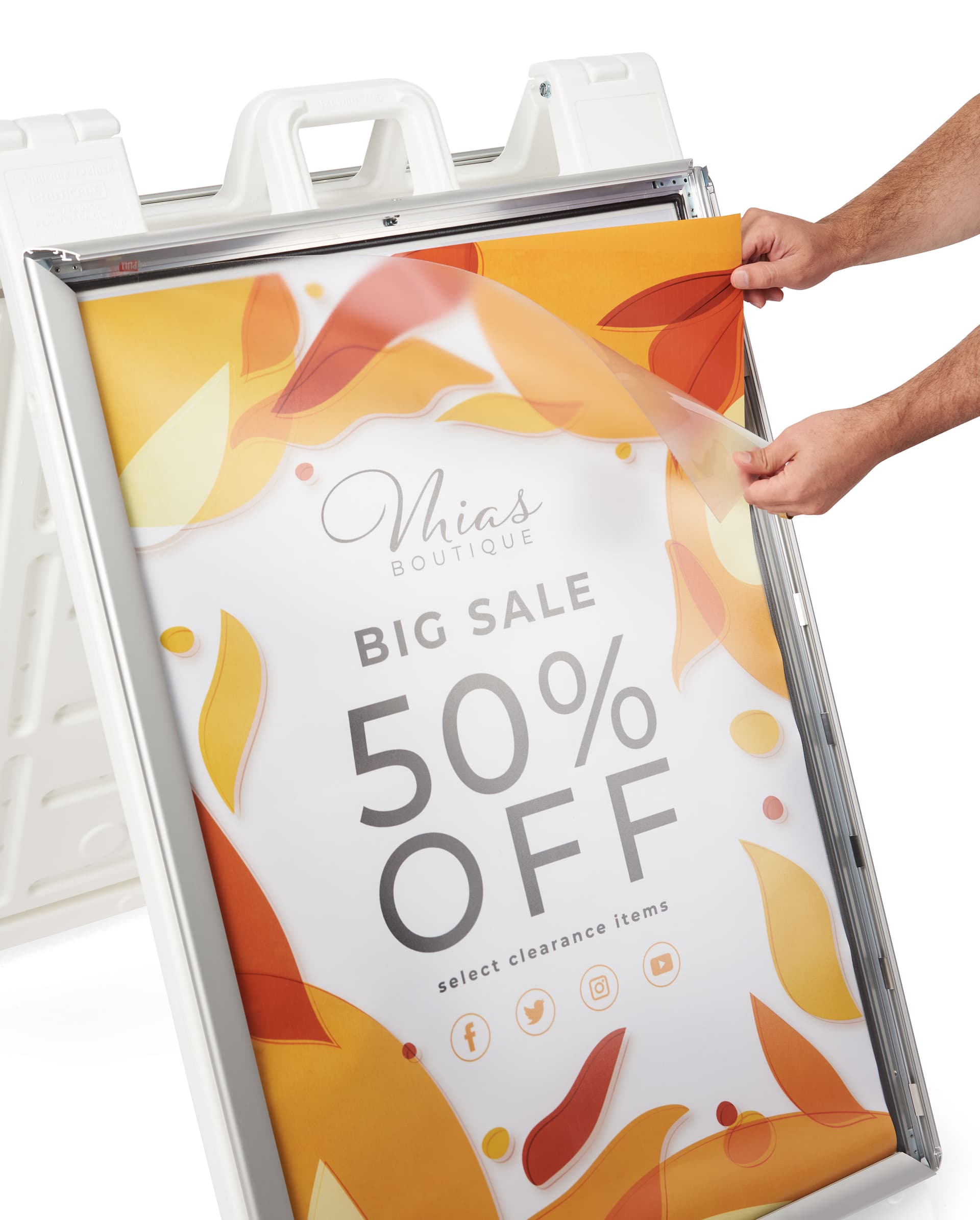 White snap open a-frame sidewalk sign with non glare lens