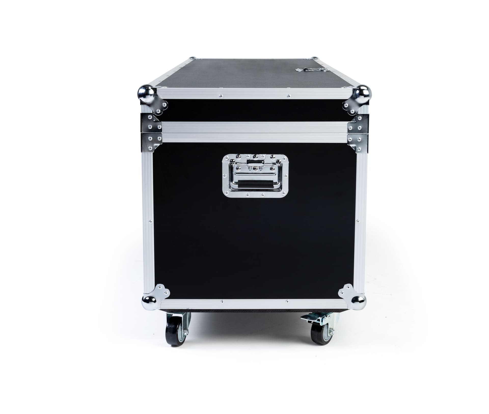 Black oversize trade show storage trunk with aluminum frame