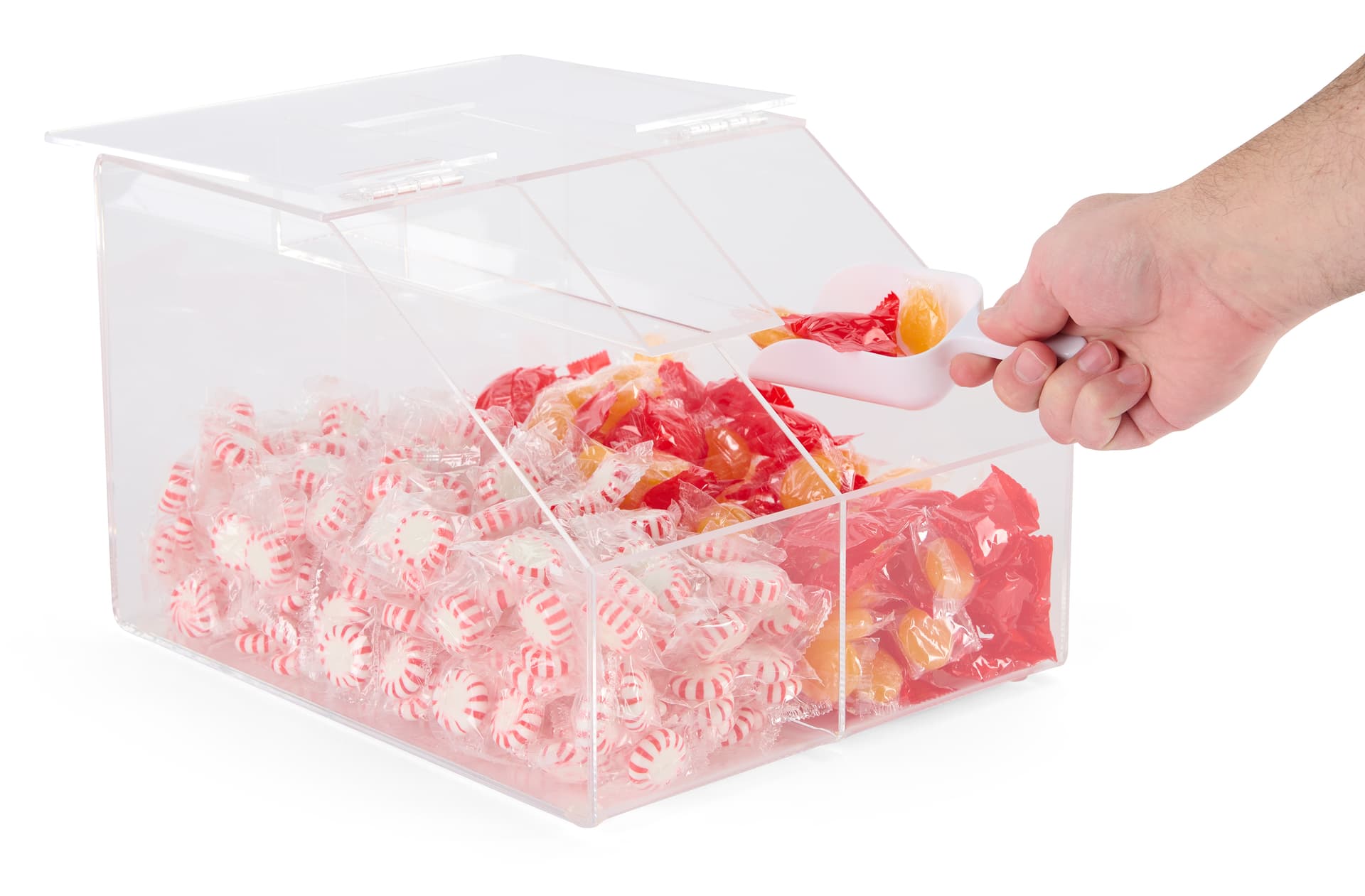 Acrylic candy bin with an easy top opening accessibility 