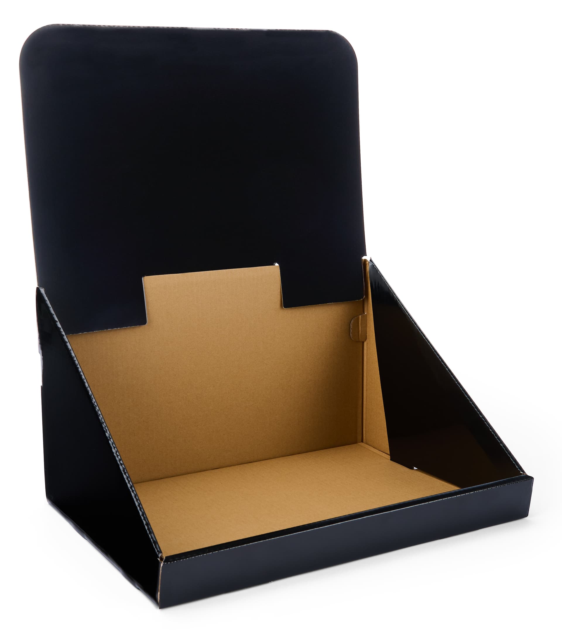 Corrugated pop displays with front display area