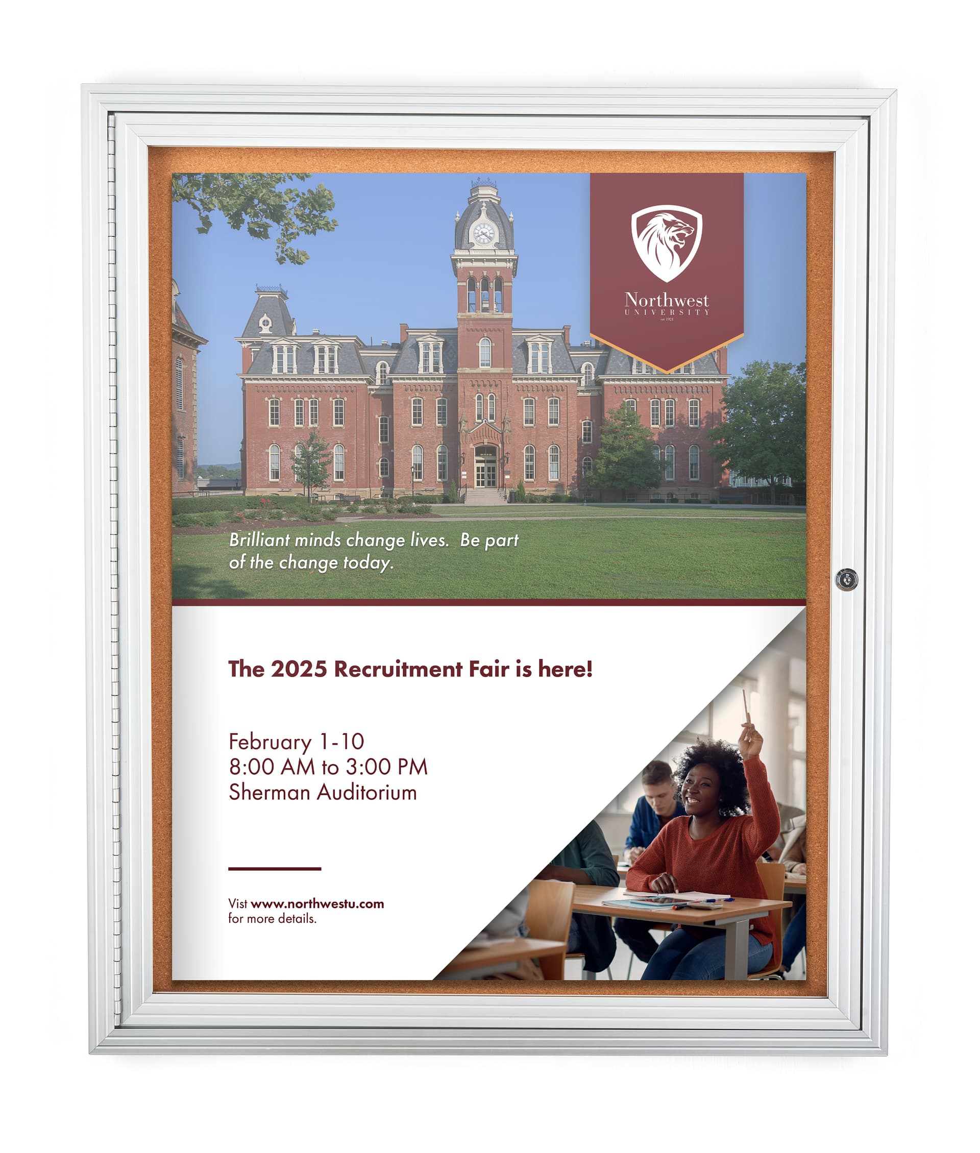 This enclosed aluminum bulletin board has cork material