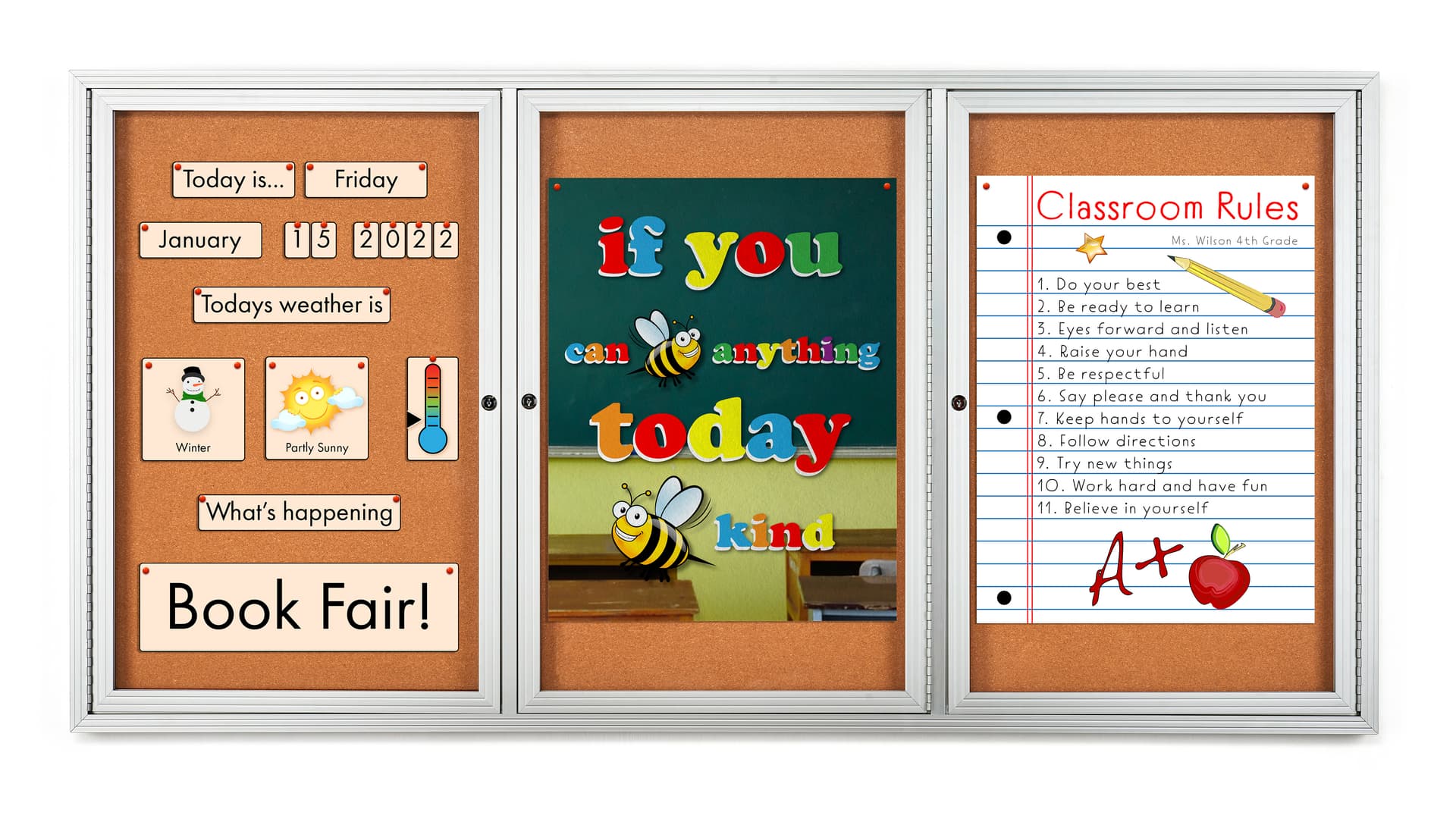 This 72 x 36 locking bulletin board is lined with a tackable material