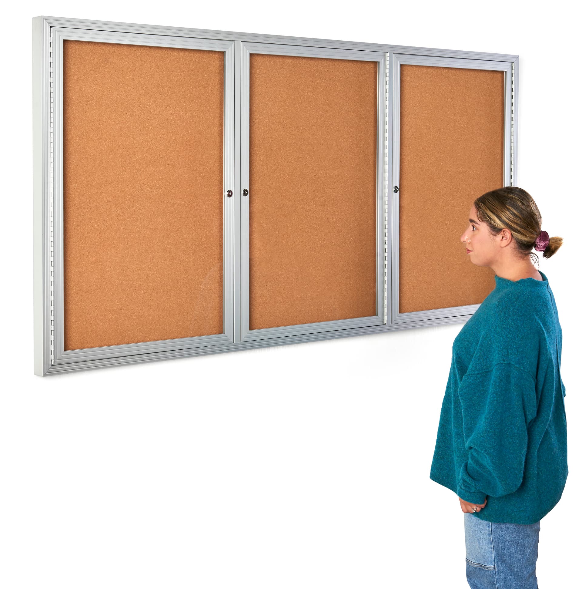 This 72 x 36 locking bulletin board has mitered corners 