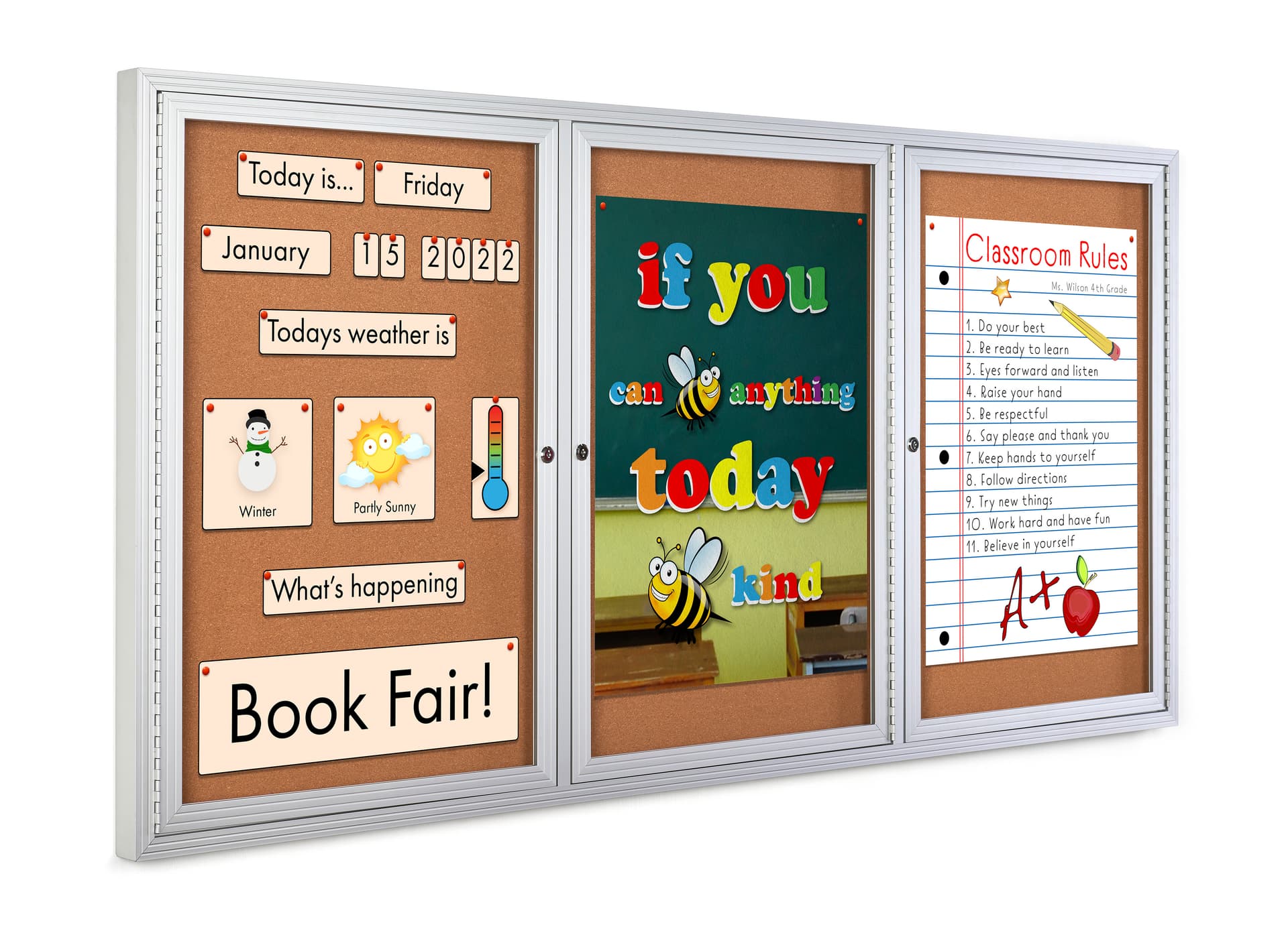 This 72 x 36 locking bulletin board has silver framing