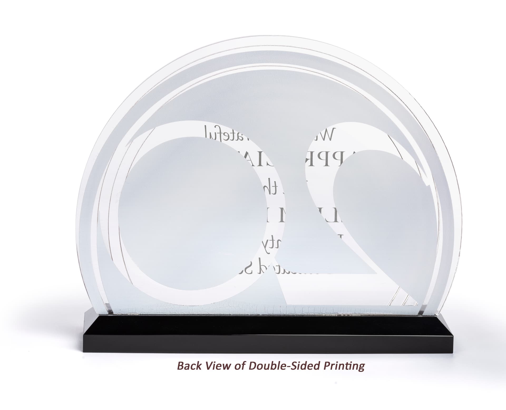 Acrylic half moon business trophy with two sided printing