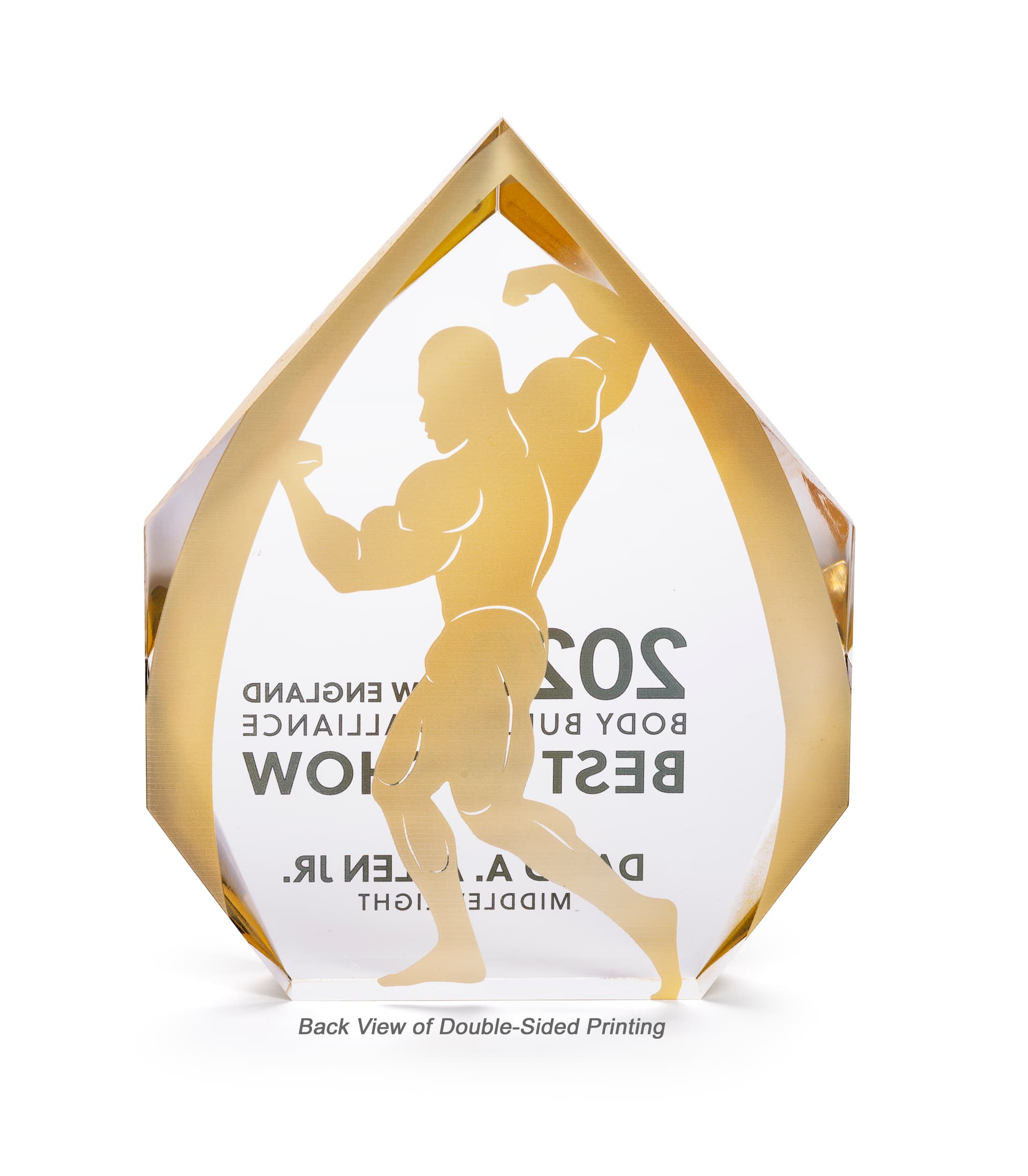 Diamond cut business trophy features double sided printing