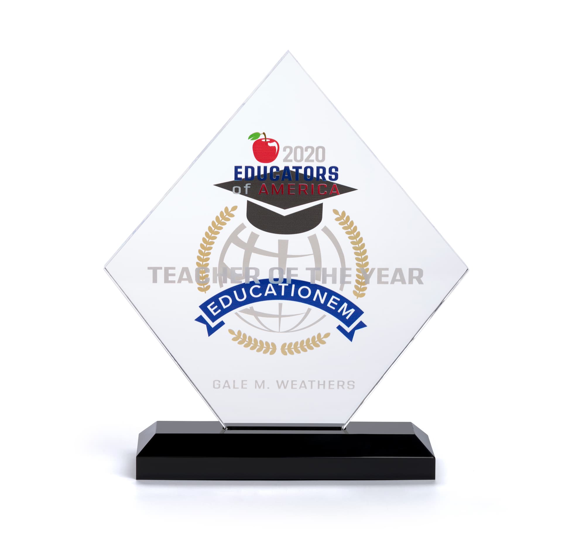 Square diamond recognition trophy with black base 