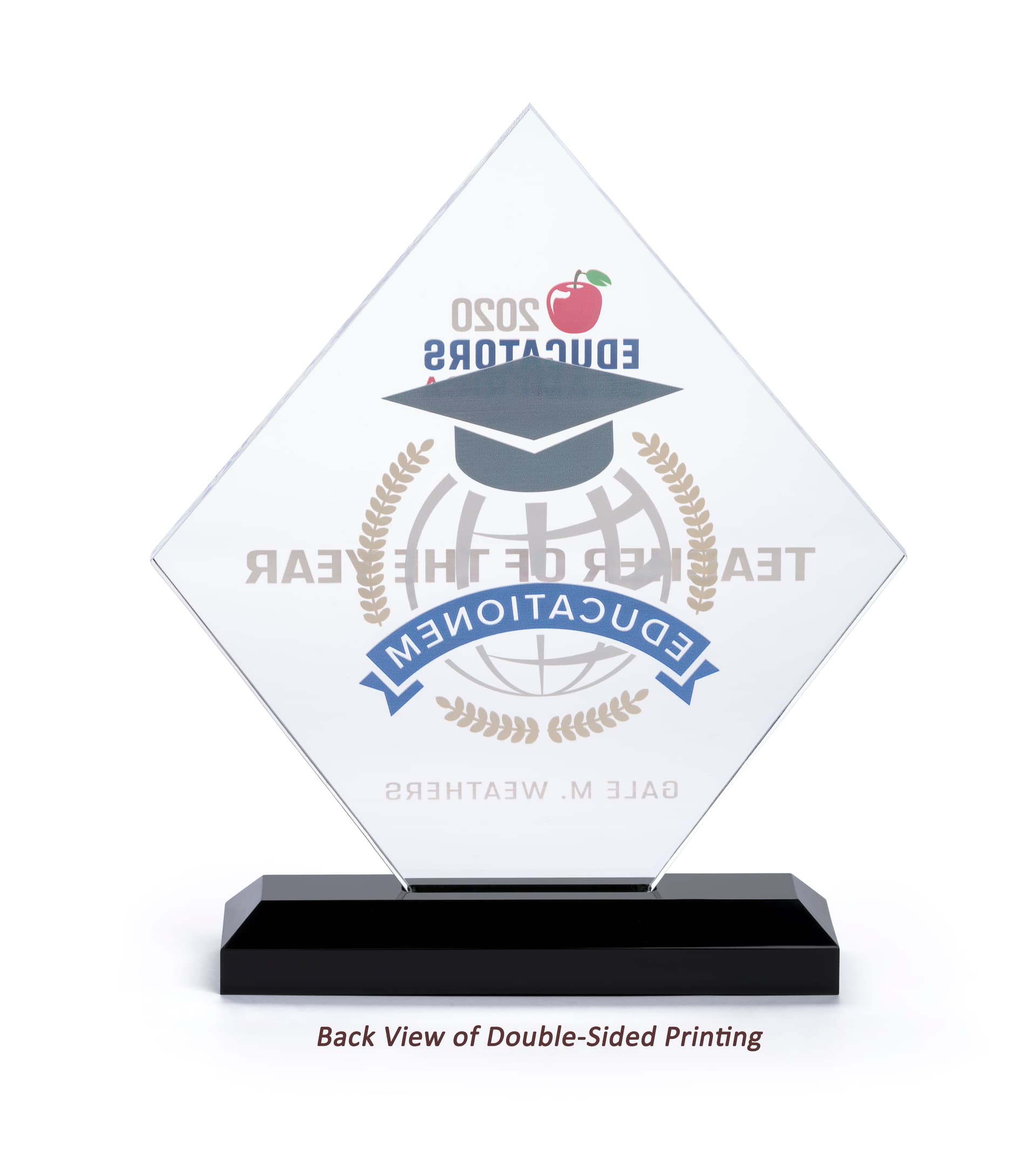 Square diamond recognition trophy with two sided printing
