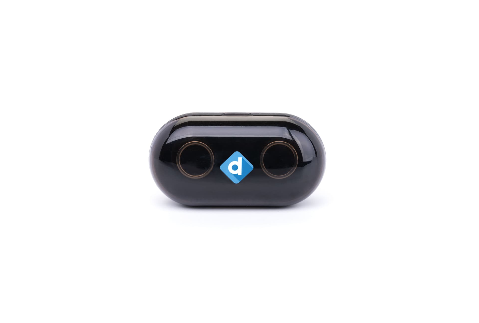 Black promo branded wireless earbuds with plastic lid