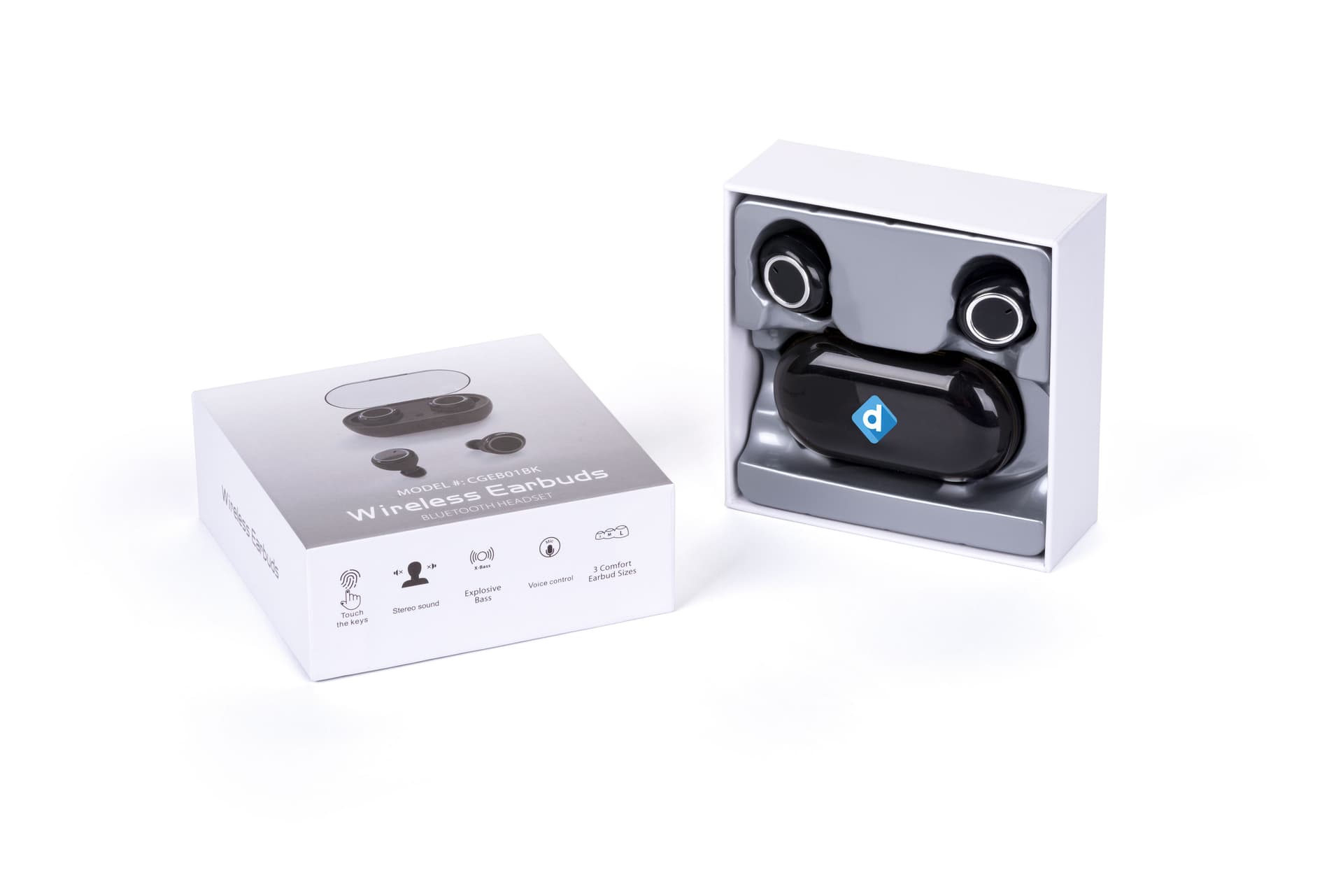 Black promo branded wireless earbuds with gift box for holiday gifting