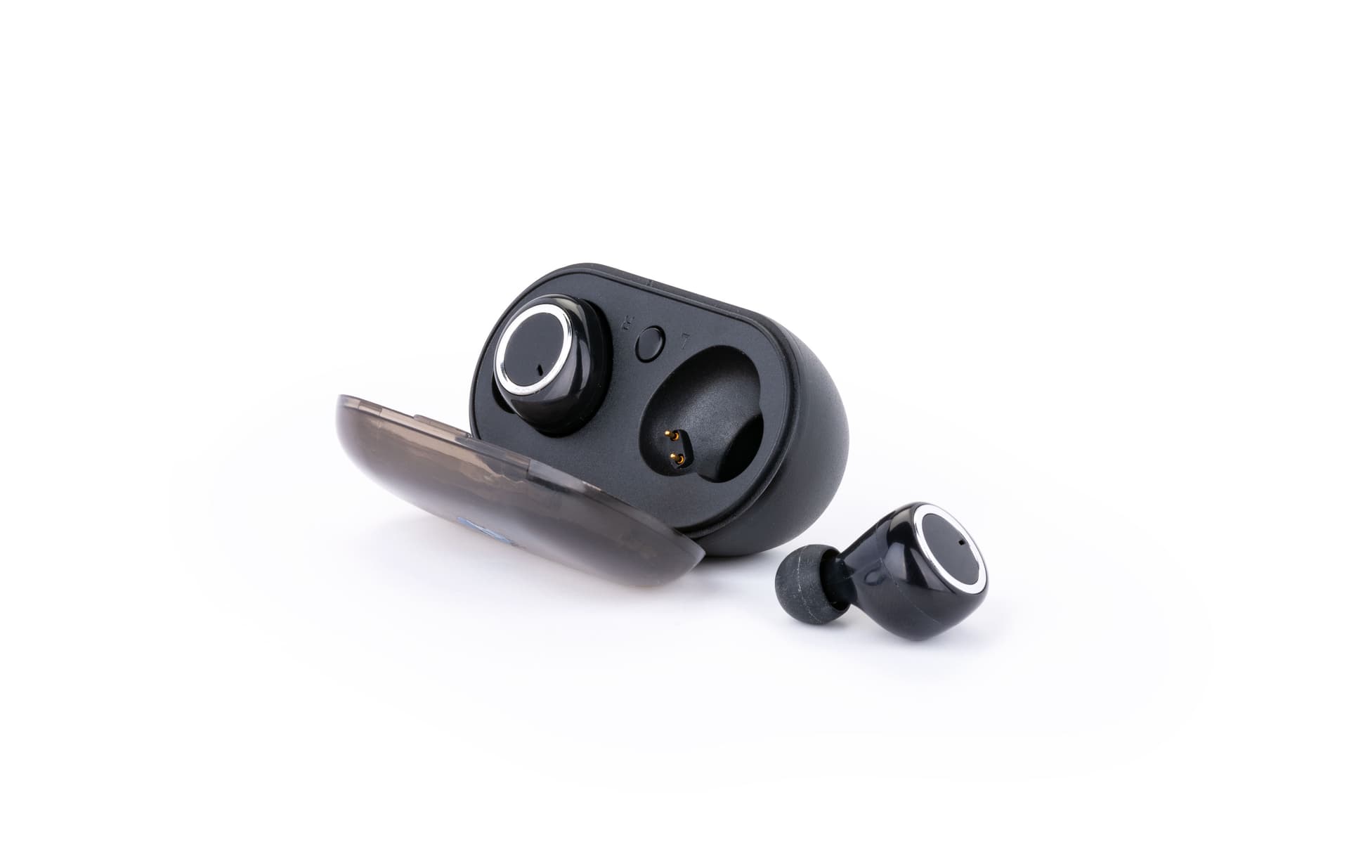 Black promo branded wireless earbuds with 330 mAh charging battery