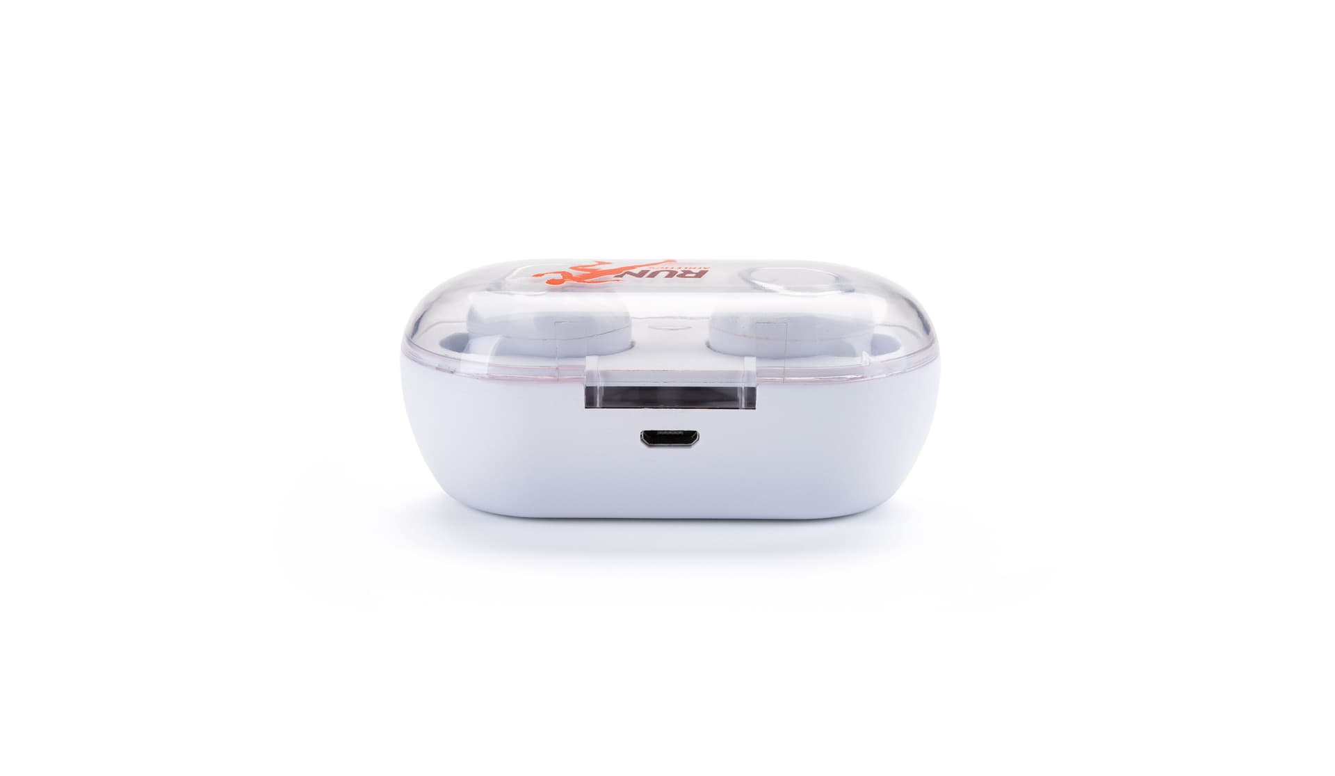 White custom logo branded earbuds with micro USB port for charging