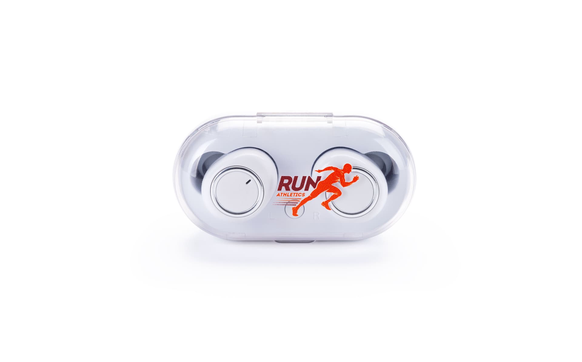 White custom logo branded earbuds with 5 hours music and talk time