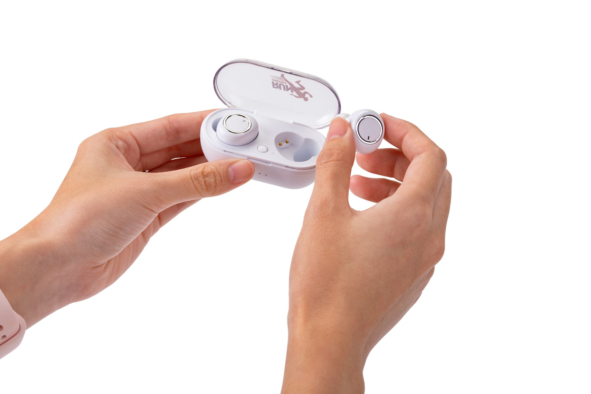 White custom logo branded earbuds with magnetic charging case