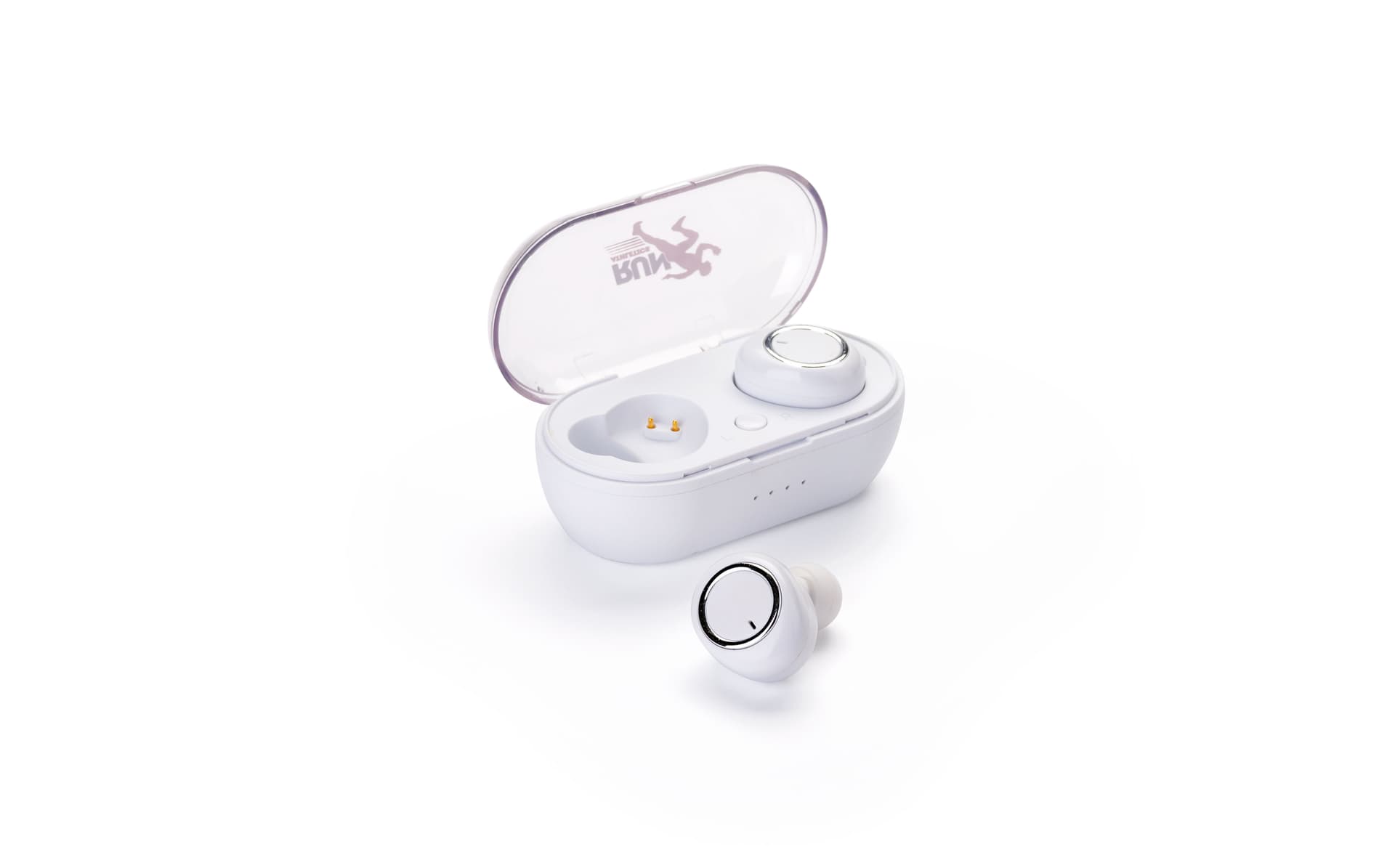 White custom logo branded earbuds with compact case for transport